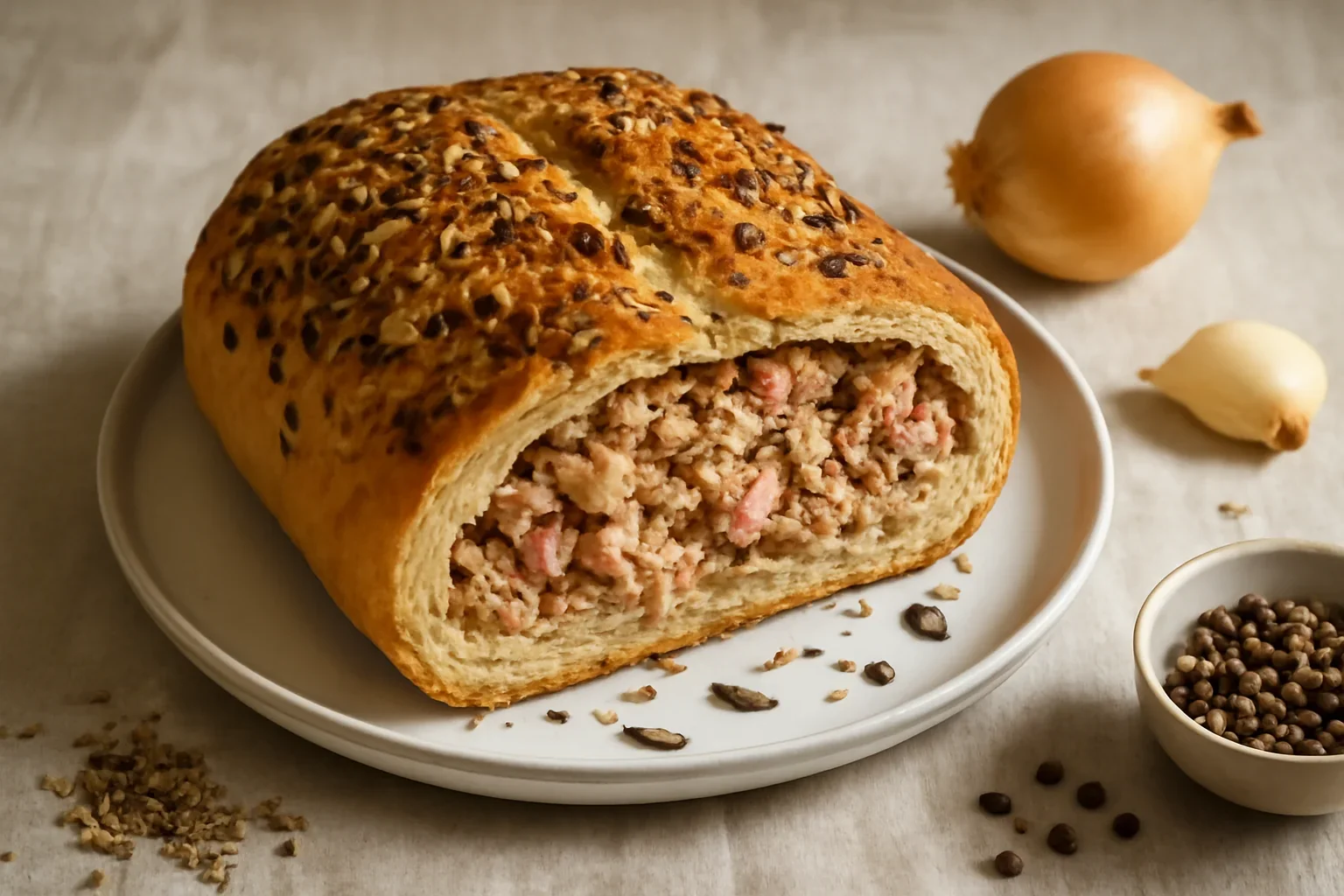 Paine umpluta cu sunca afumata sau ciolan