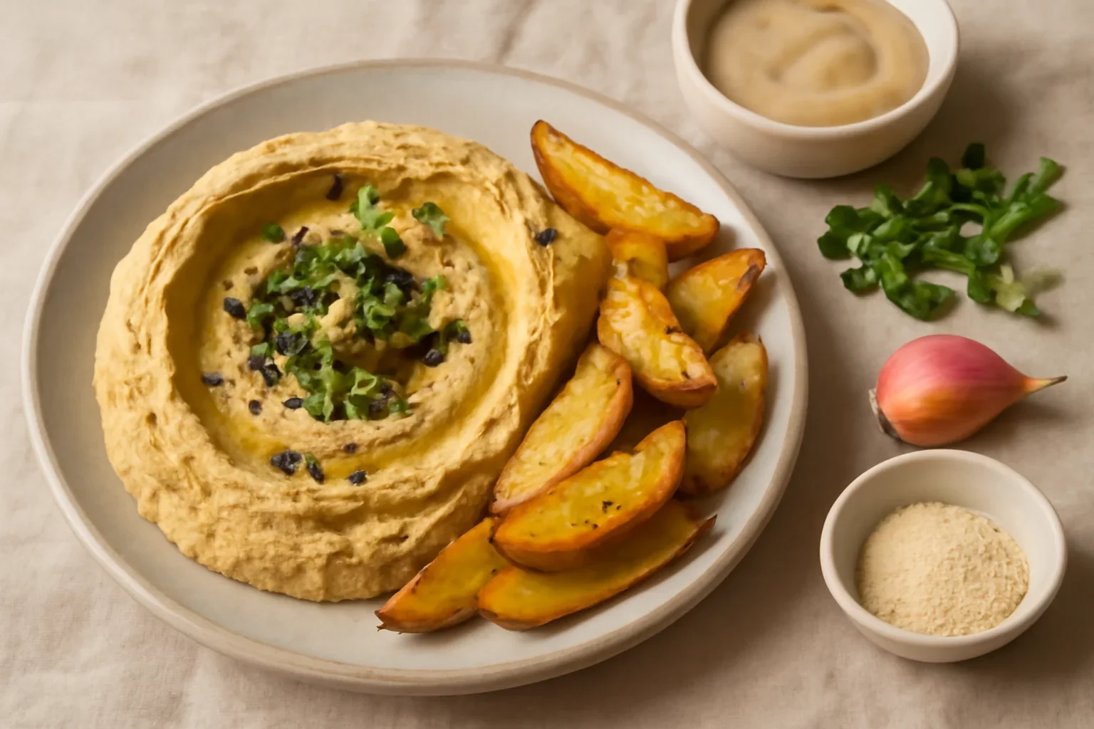 Humus cu trufe și cartofi fripți – rețetă de post