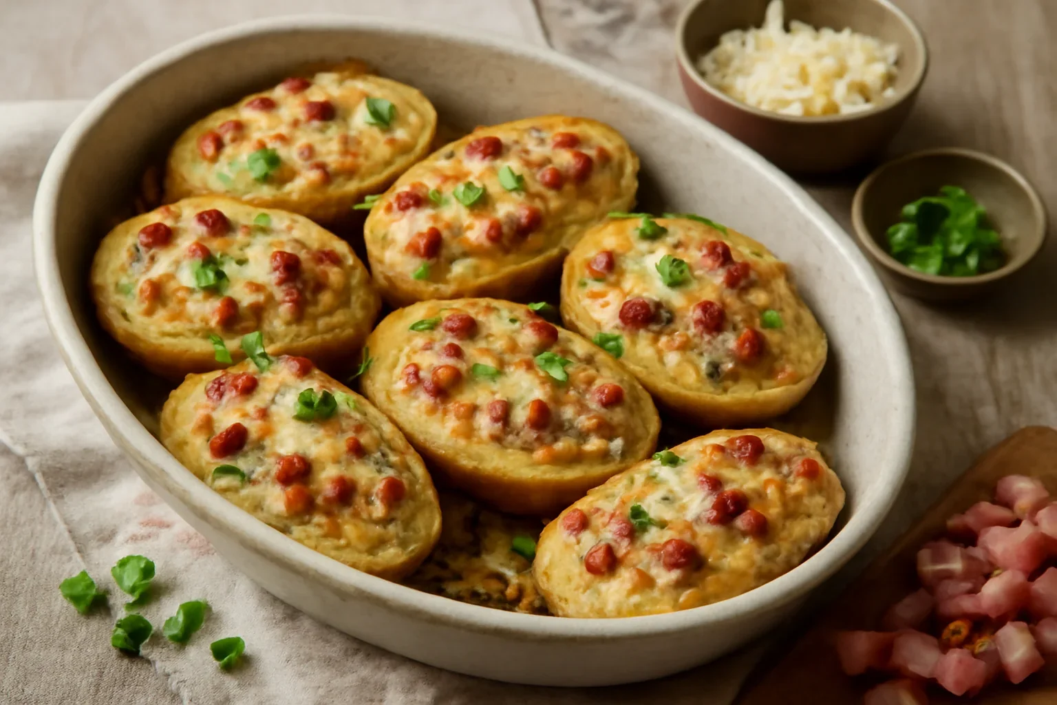 Cartofi umpluti cu bacon si parmezan, la cuptor
