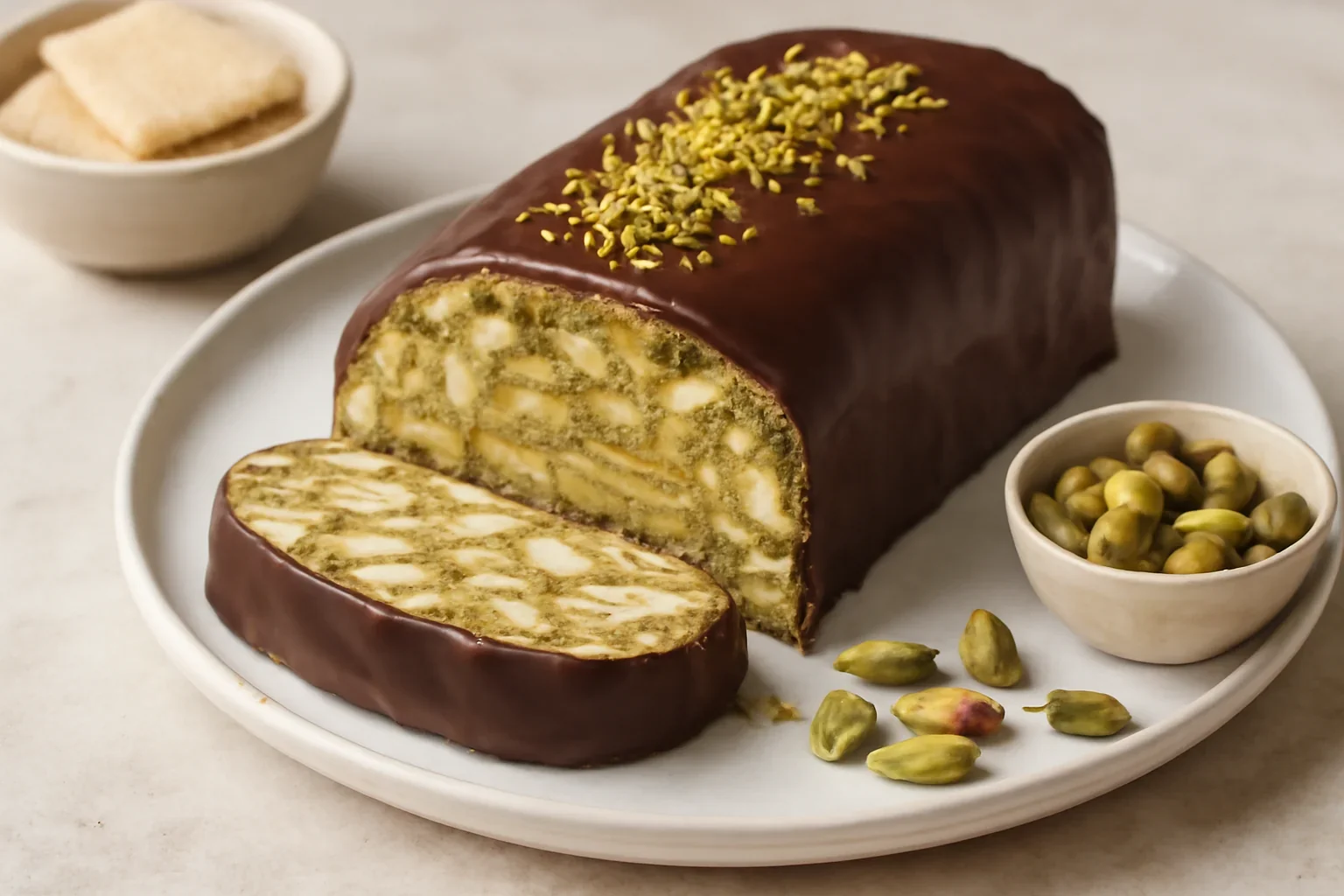 Salam de biscuiti Dubai cu crema de fistic