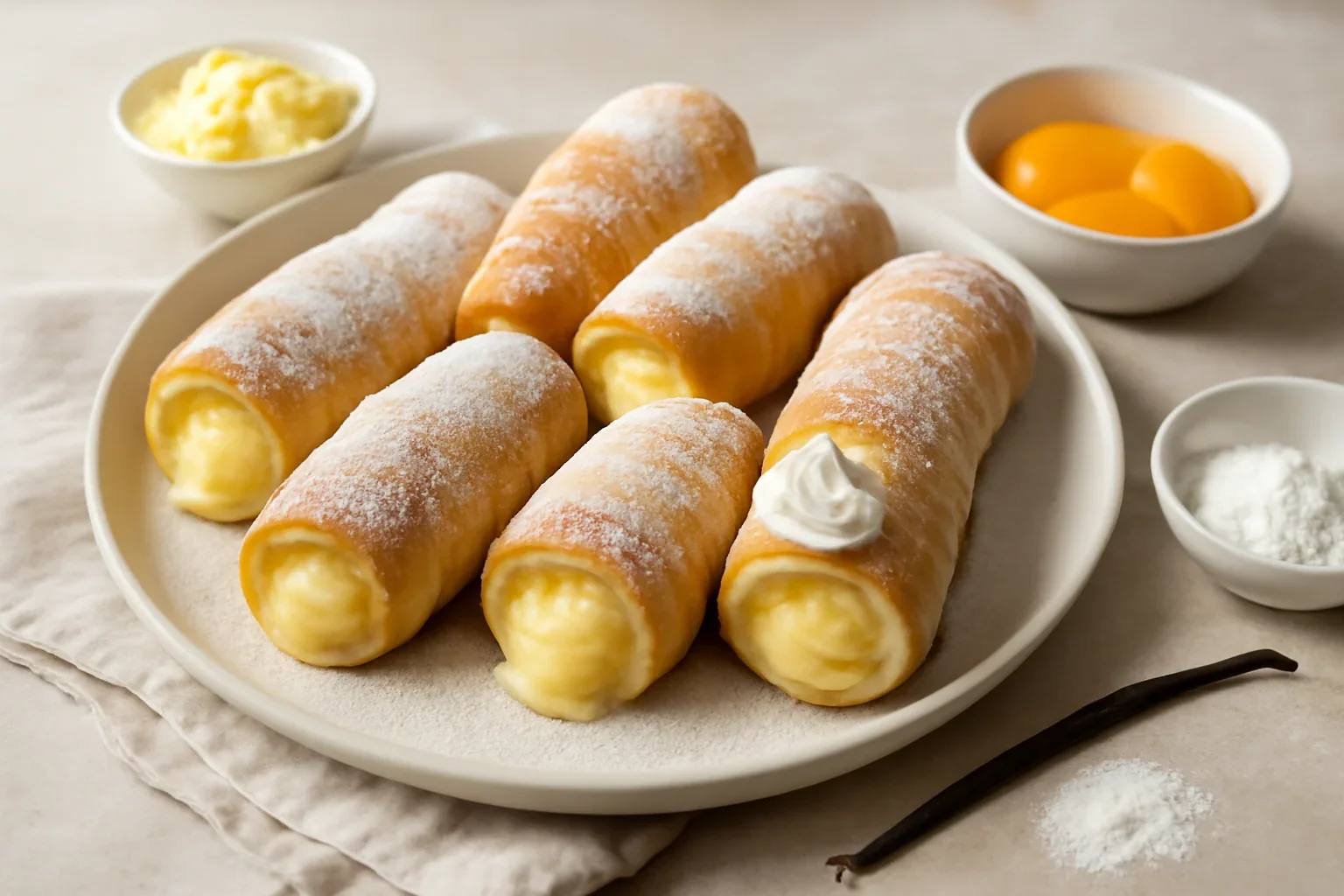 Rulouri din foietaj cu cremă de vanilie – rețetă pas cu pas