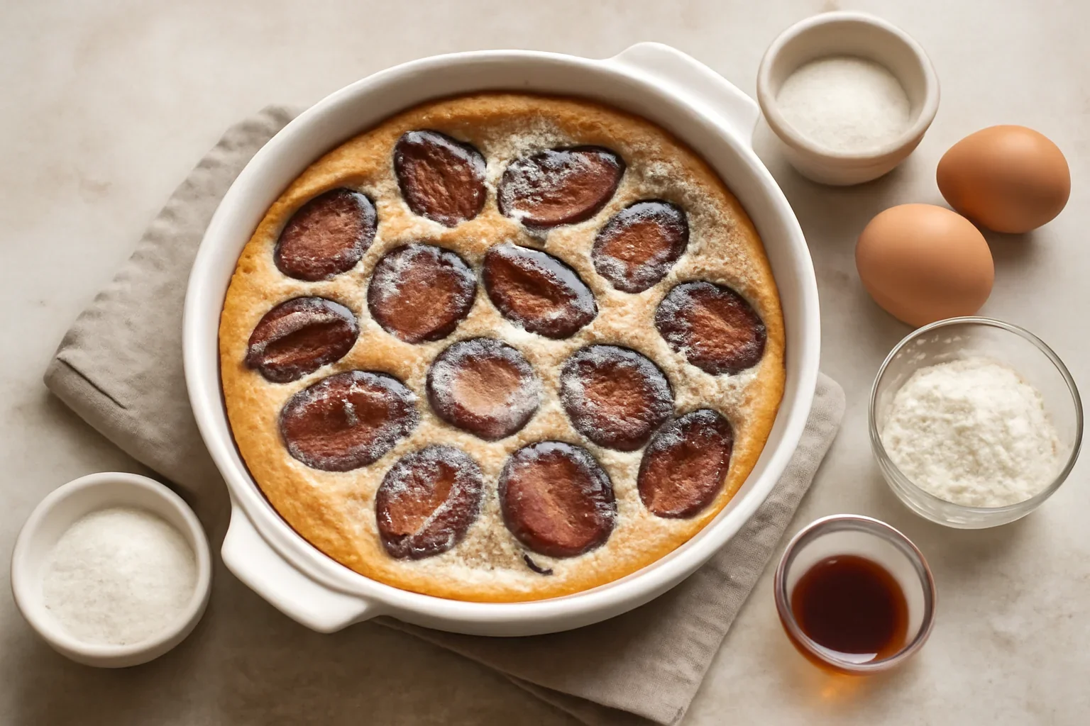 Clafoutis cu prune, reteta rapida de prajitura cu aluat fin