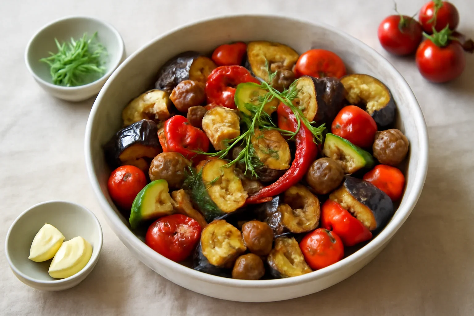Legume la cuptor cu usturoi: vinete, dovlecei, ardei, rosii