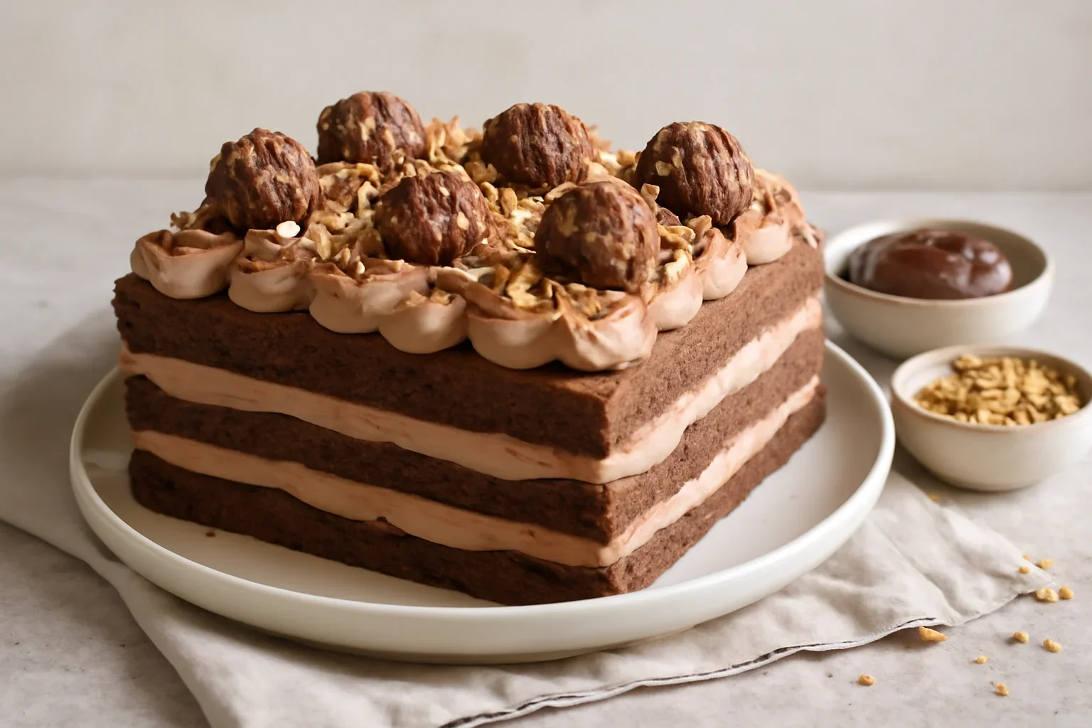 Prăjitura Ferrero Rocher cu alune, Nutella, cremă de ciocolată și mascarpone