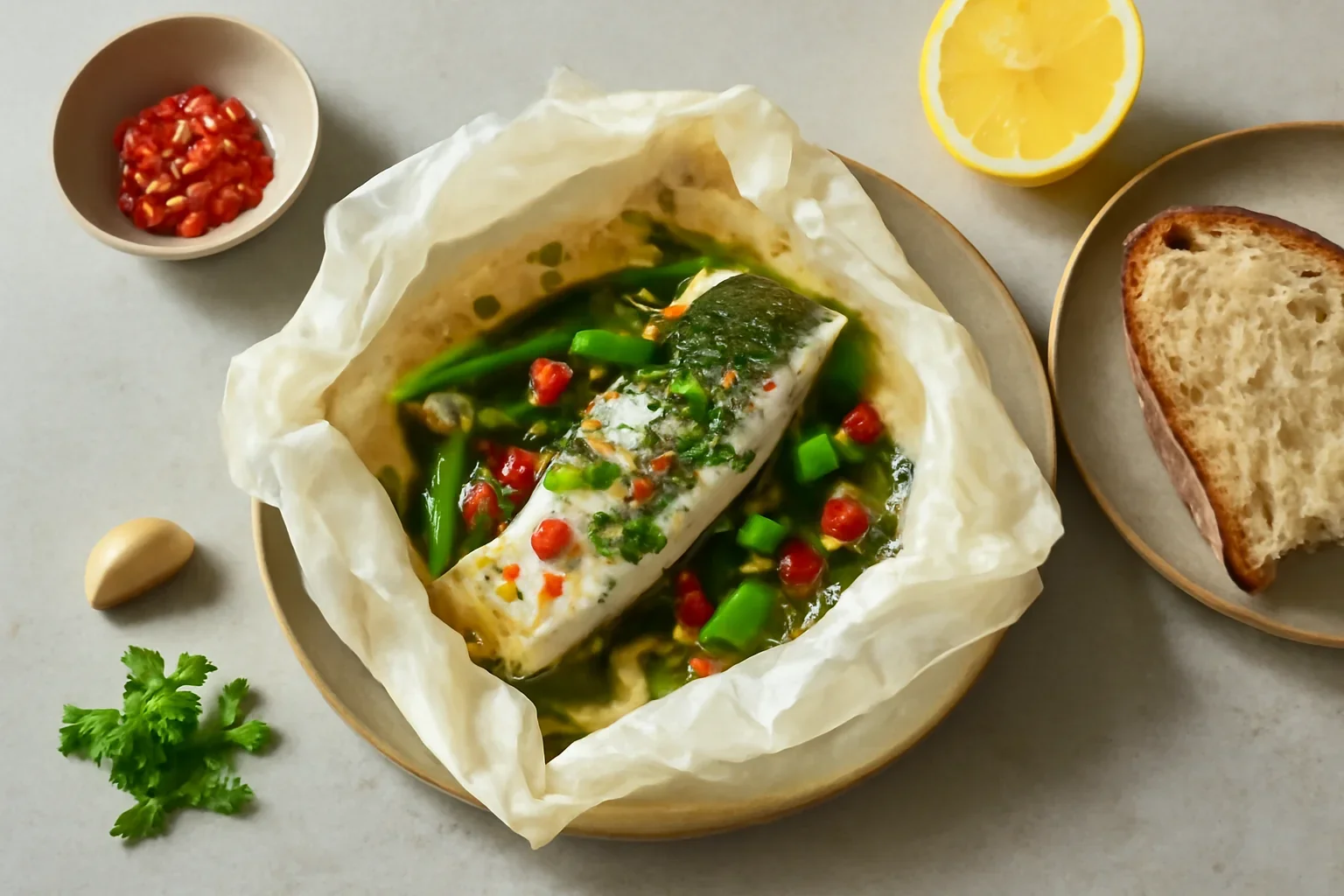 Știucă în papilotă cu ceapă verde și chilli
