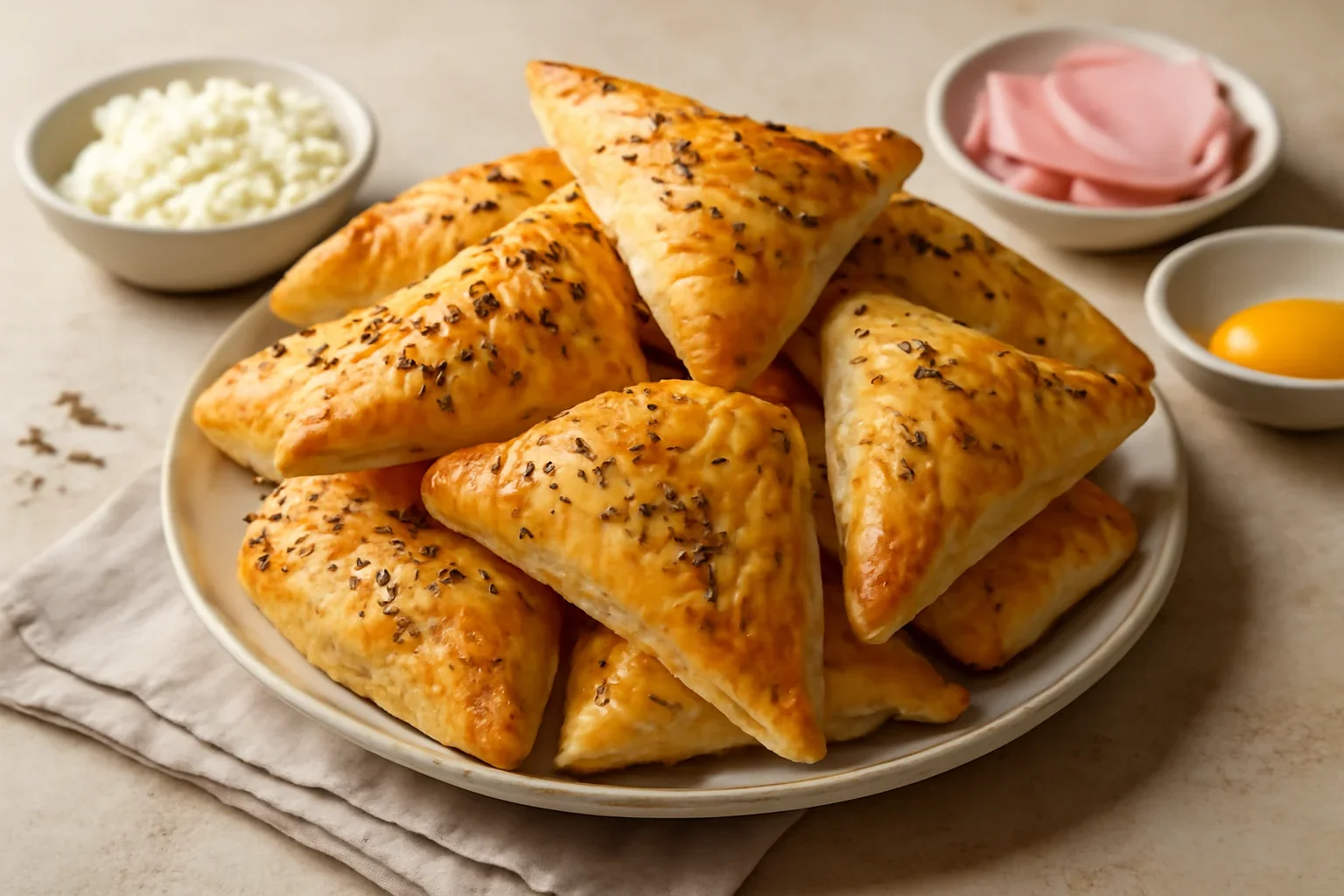 Trigoane aperitiv cu șuncă și brânză – din foietaj fals