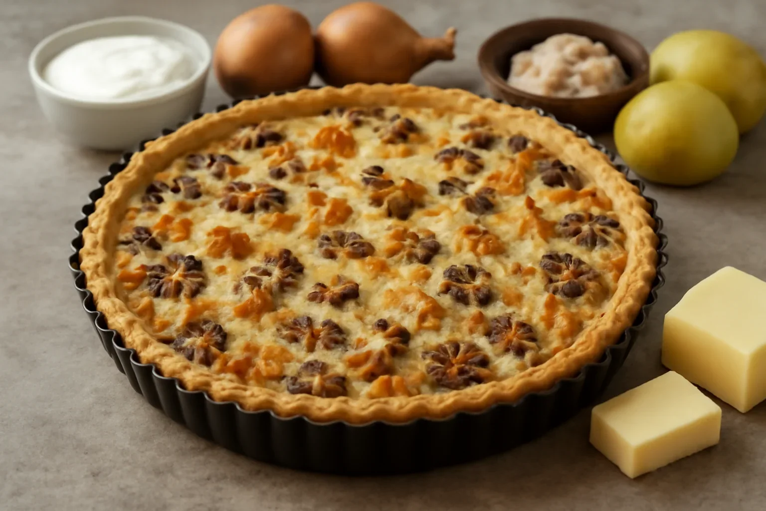 Quiche cu ceapa, cartofi, ciuperci si piept de pui, reteta simpla
