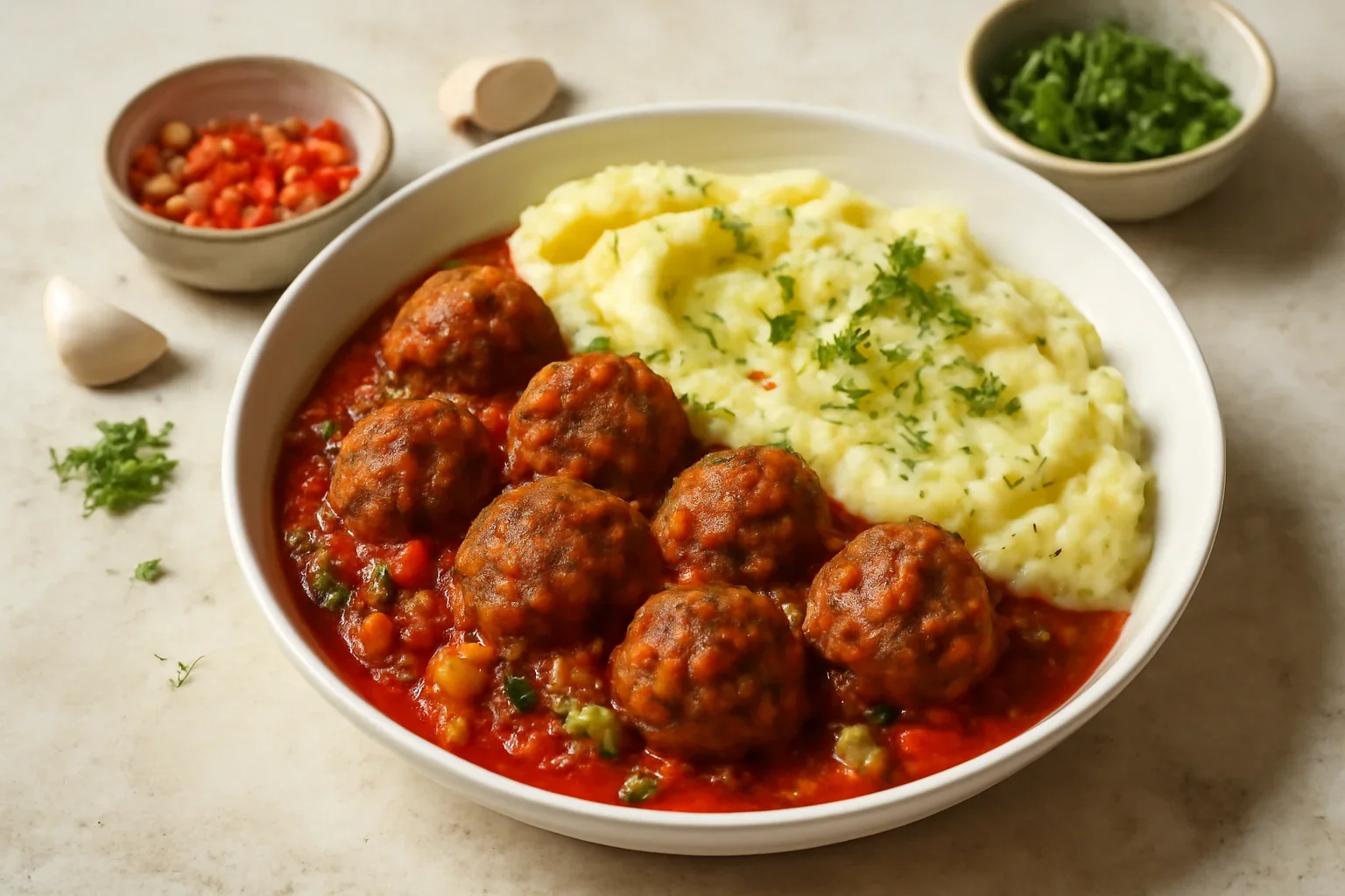 Chiftele marinate in sos tomat cu piure, reteta veche