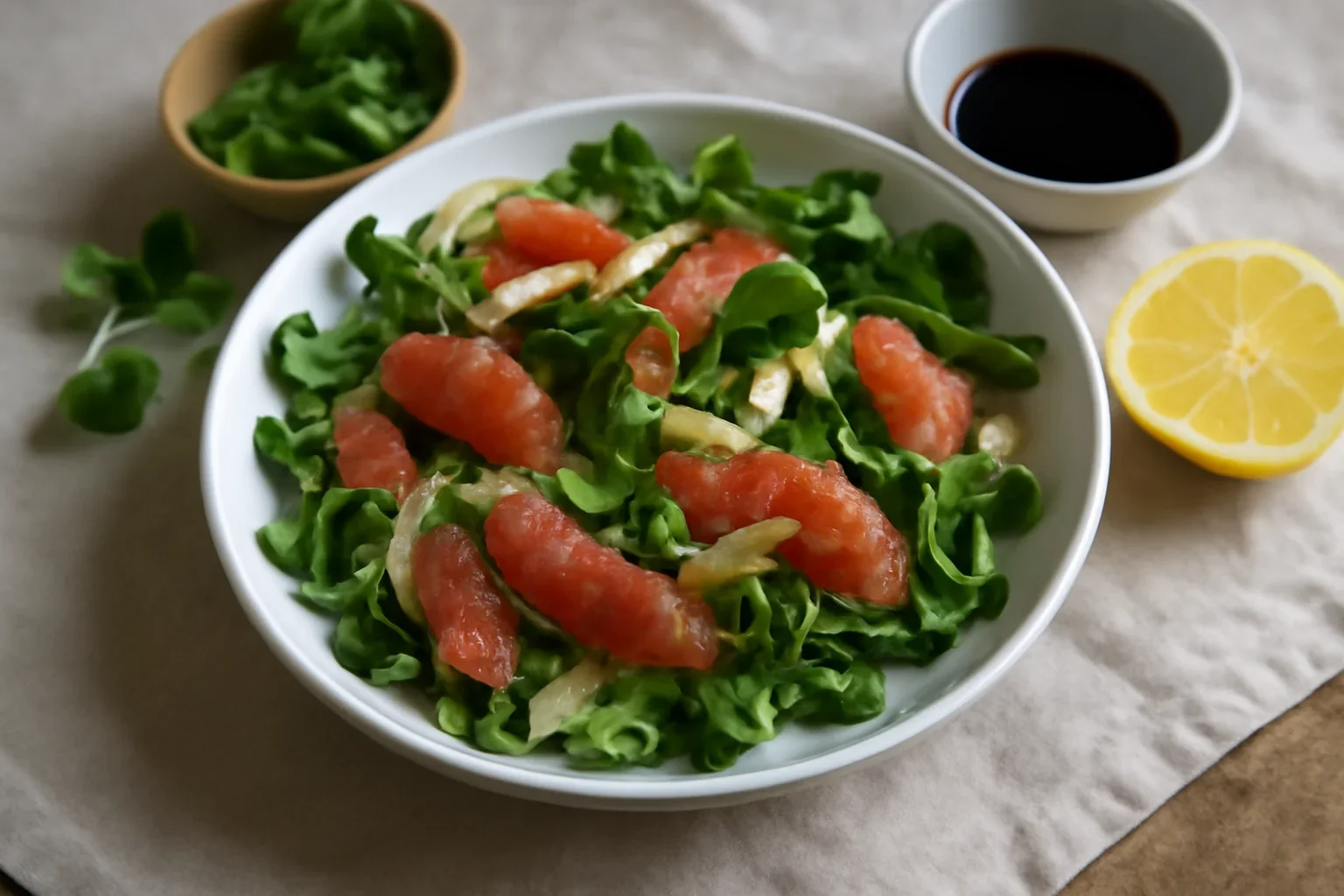 Salată de fenicul cu grepfruit roz, valerianella și rucola