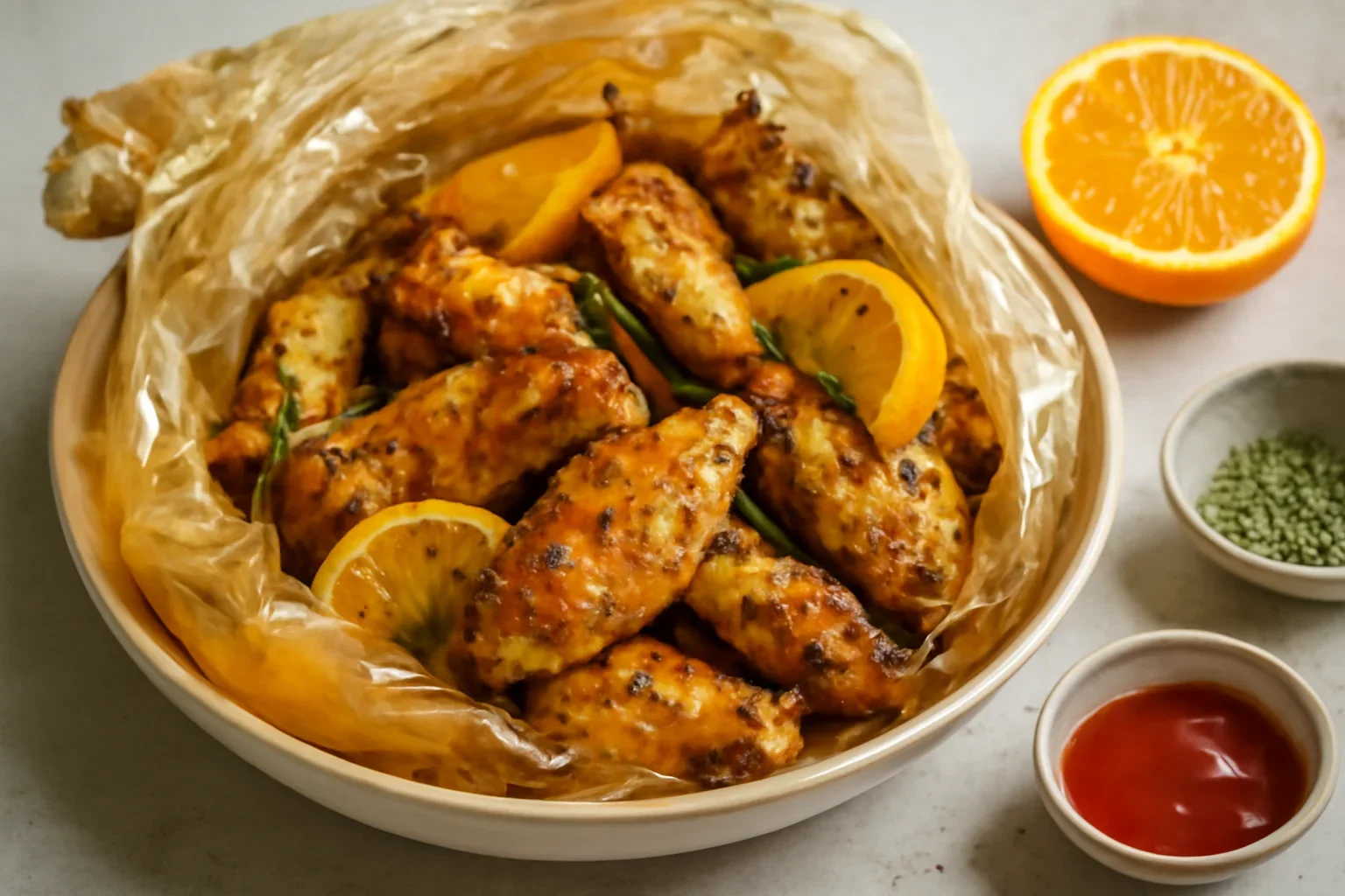 Aripioare marinate cu portocale, unt, ierburi aromatice – coapte în pungă