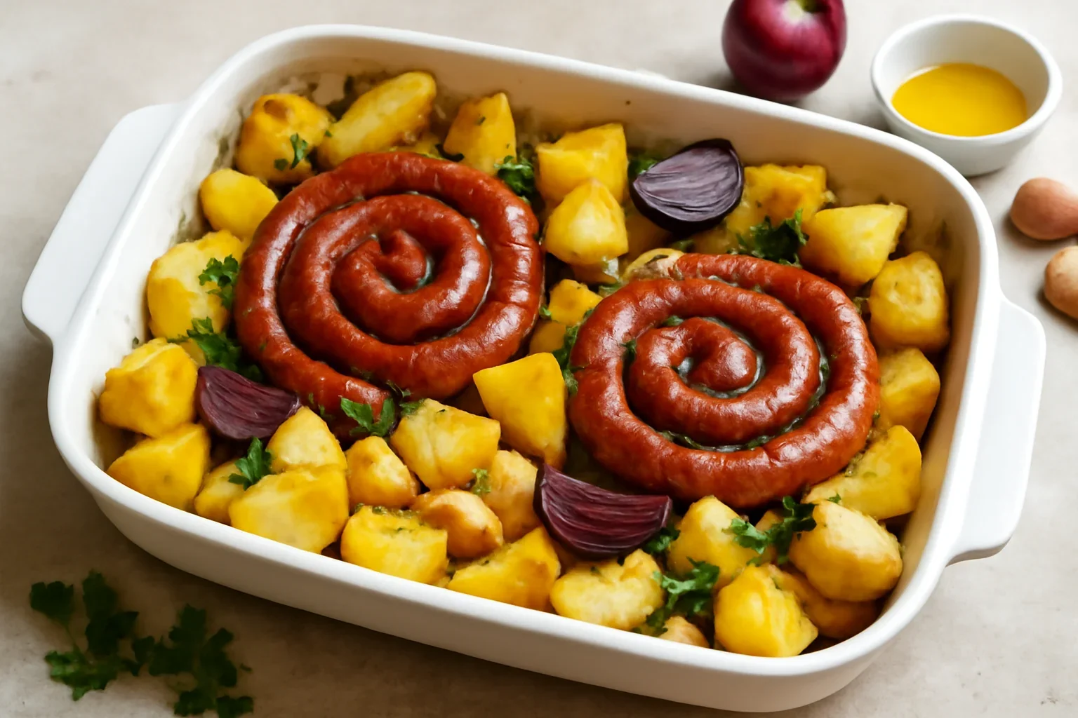 Carnati trandafiri cu cartofi, usturoi si ceapa rosie, la cuptor