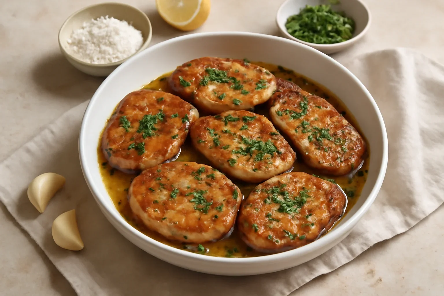 Cotlet de porc cu unt, vin si patrunjel