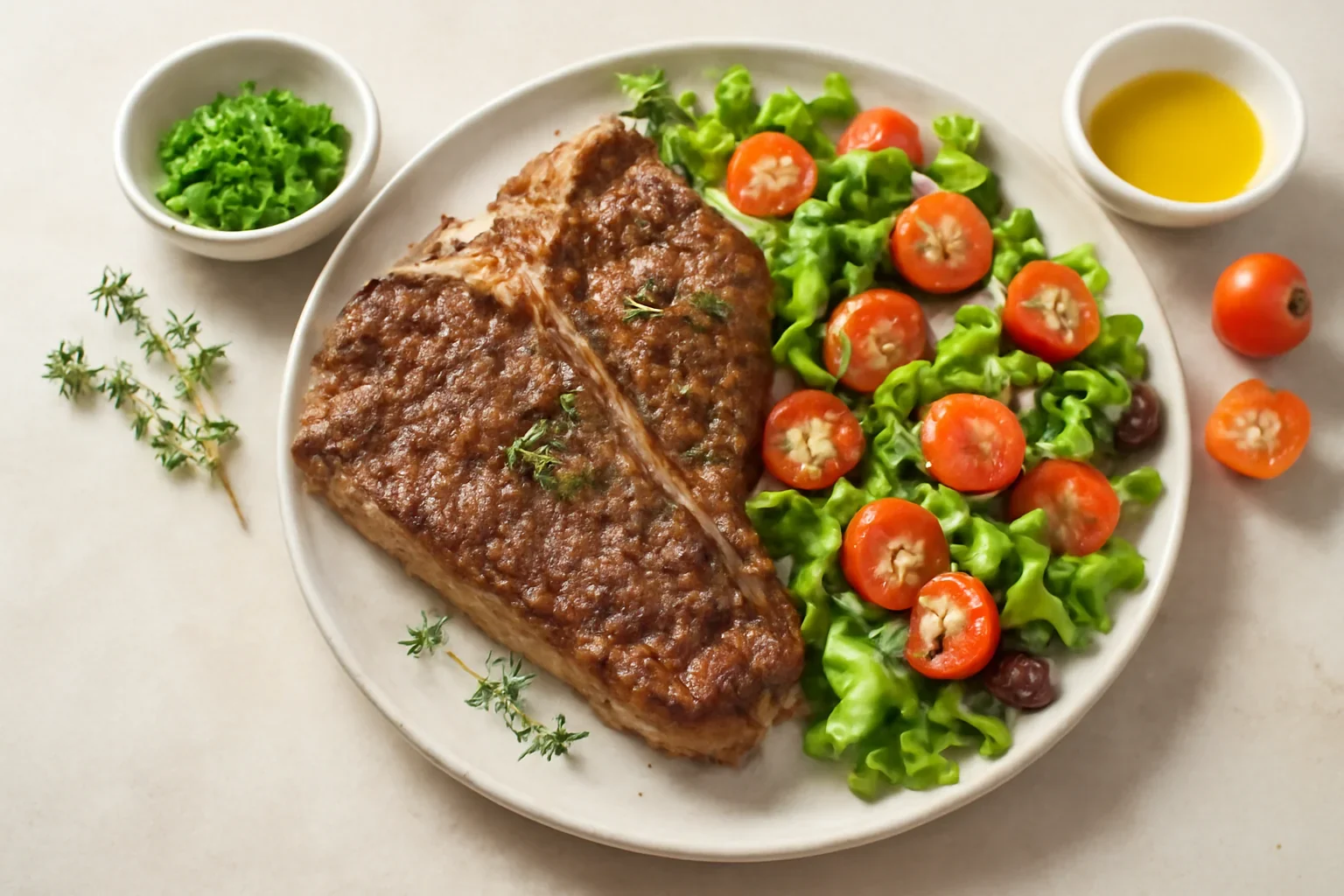 T-bone de vită cu garnitură de salată