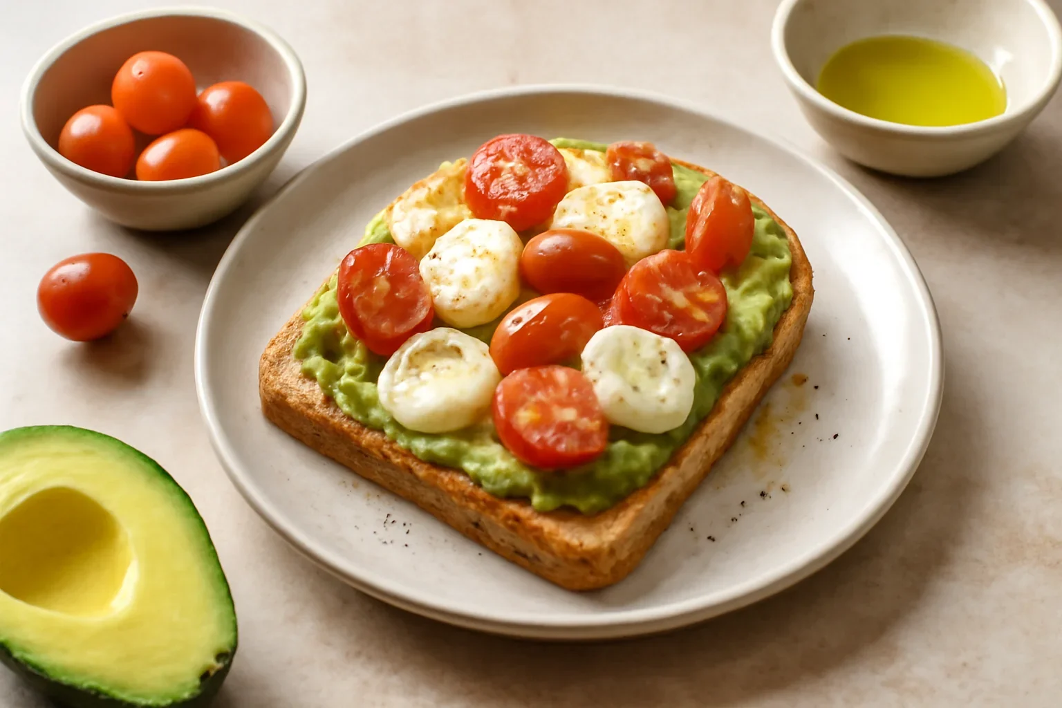 Toast cu avocado, mozzarella și roșii