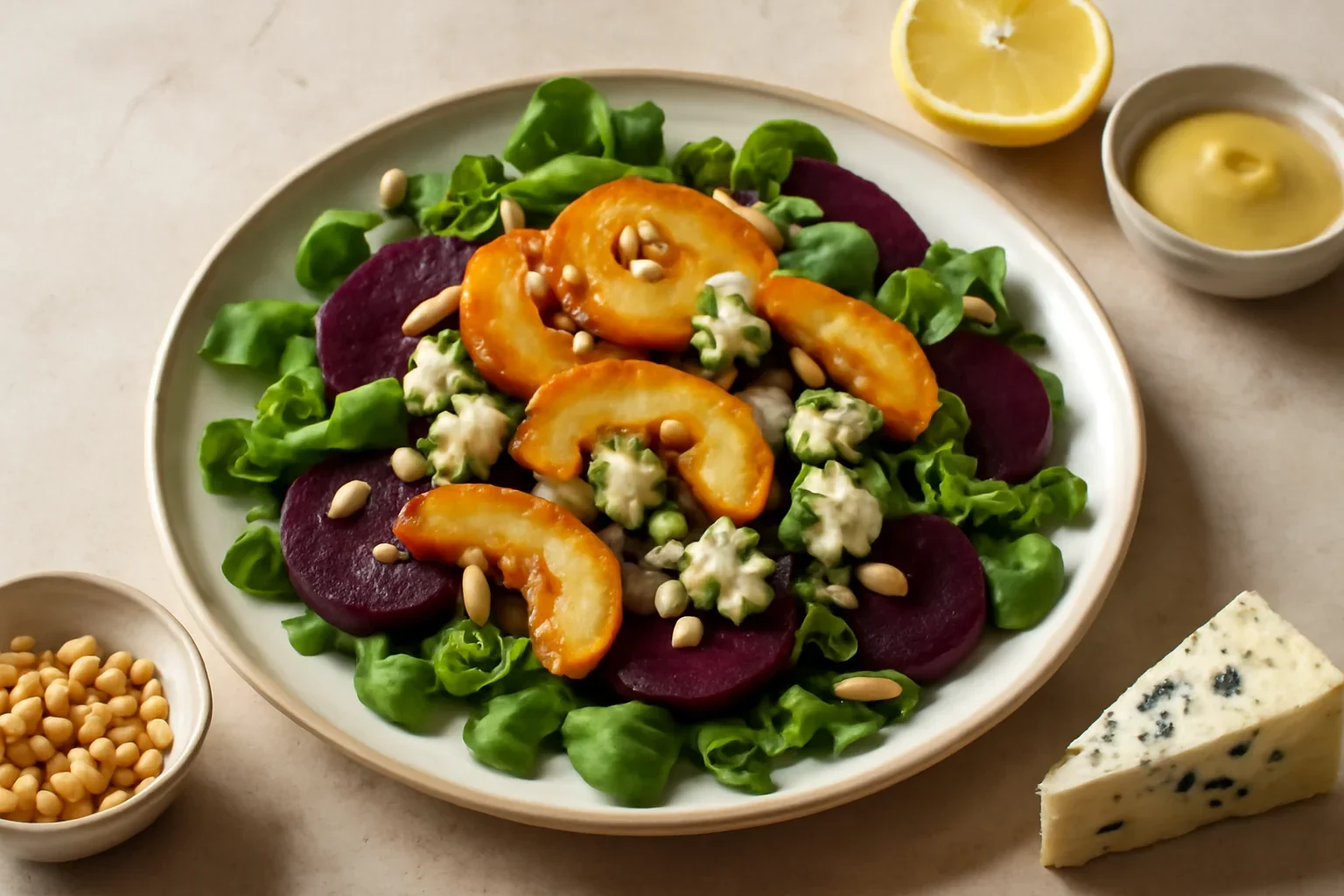 Salata cu mere caramelizate, brânză roquefort și sfeclă