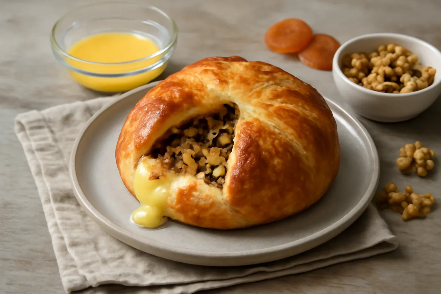 Brânză Camembert sau Brie în crustă de aluat foietaj, la cuptor – umplută cu nuci și fructe uscate