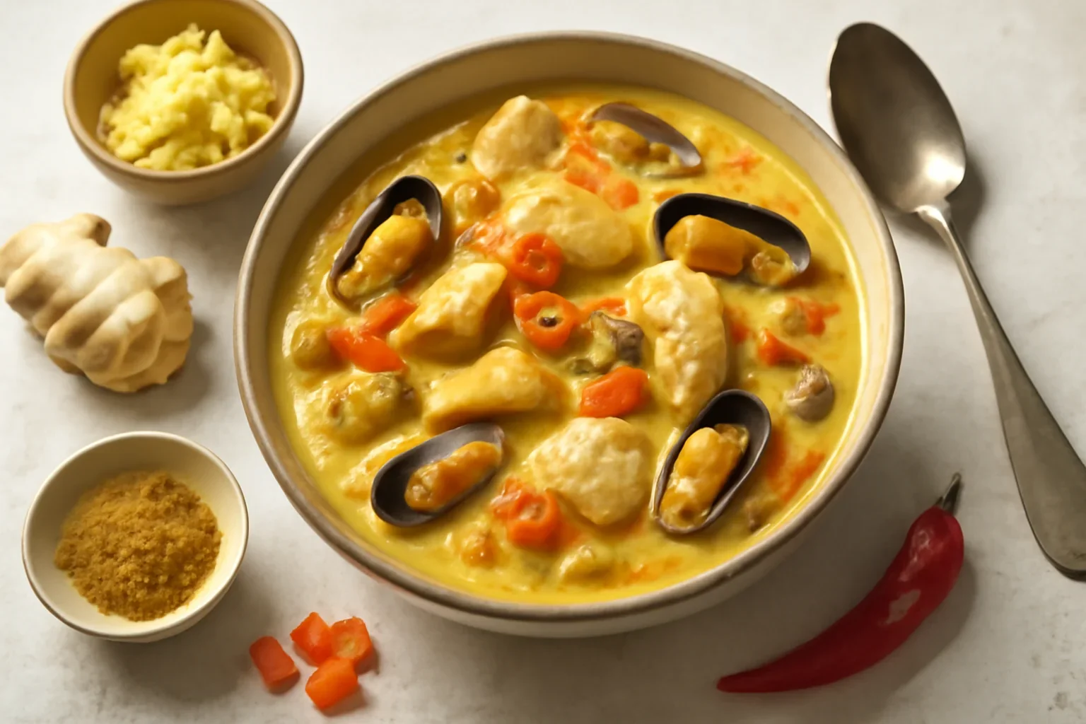 Curcan cu lapte de cocos si scoici – un fel de tocanita exotica