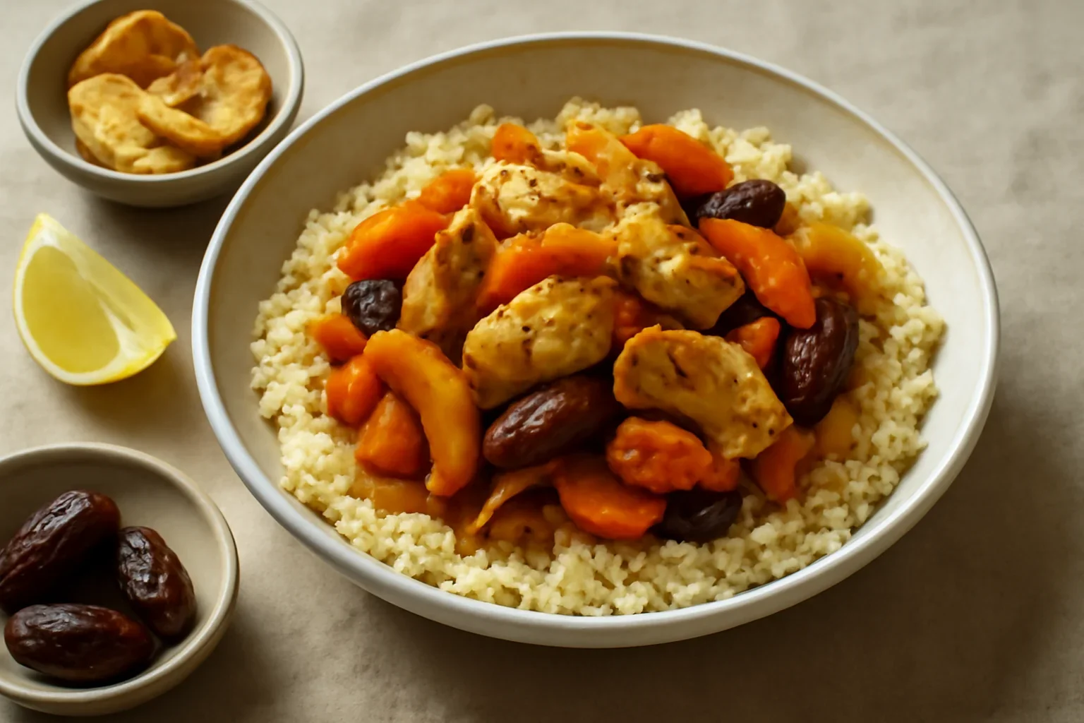 Pui cu piersici, curmale si couscous
