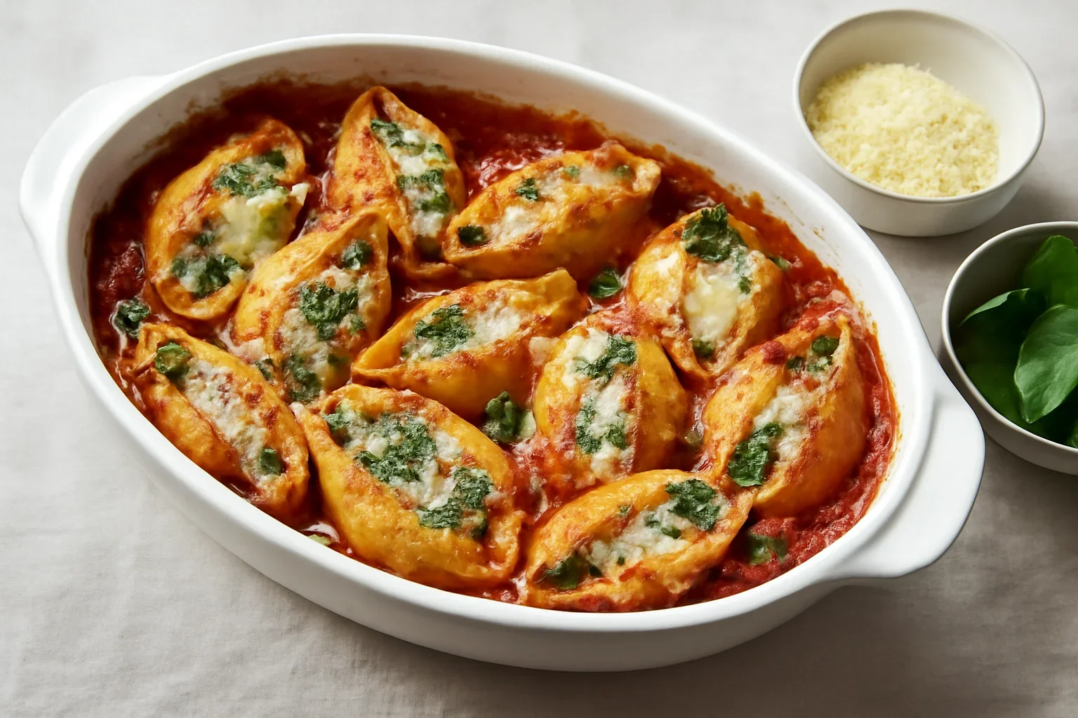 Paste umplute cu brânză și spanac, în sos de roșii cu parmezan – la cuptor