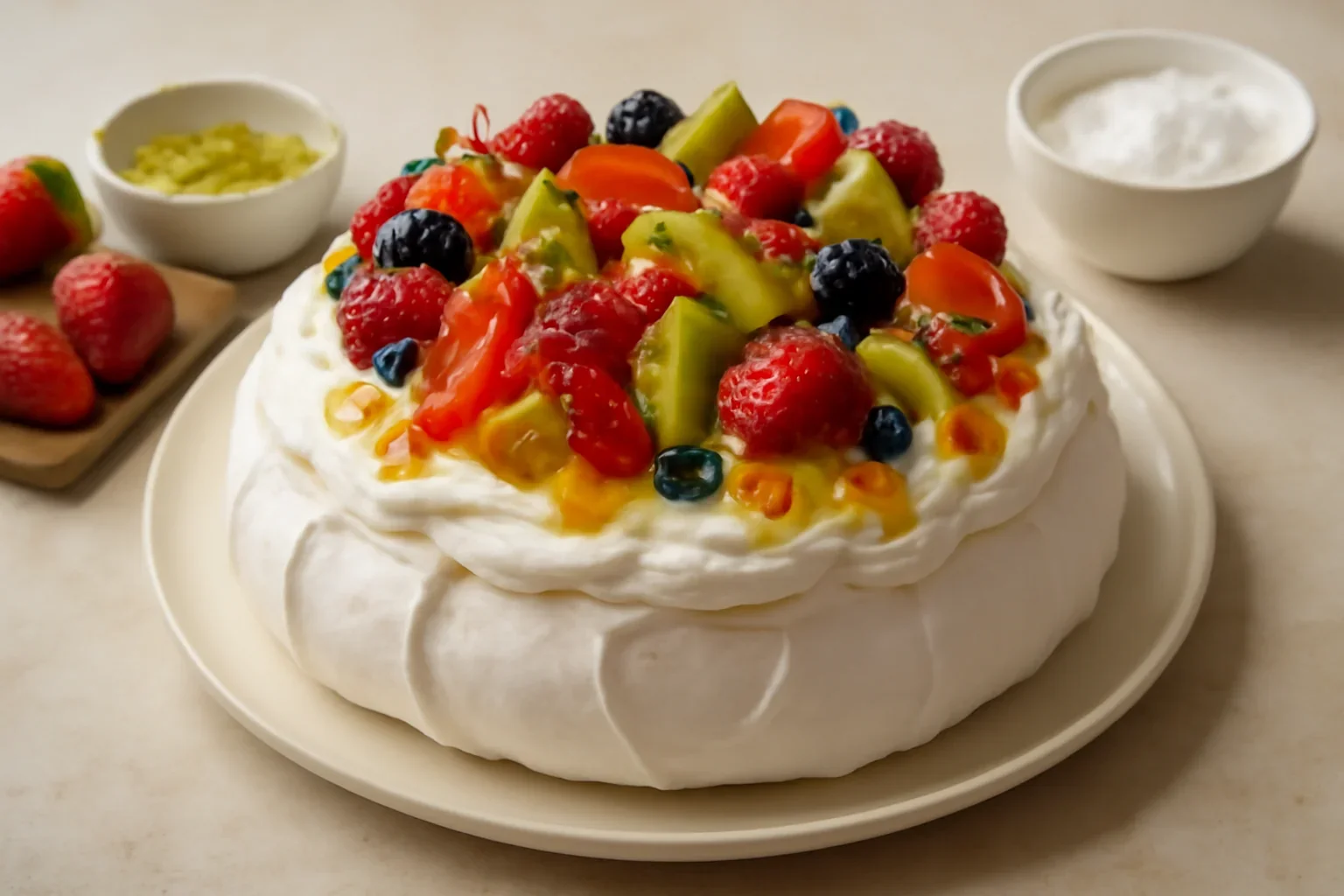 Pavlova reteta traditionala cu capsuni, kiwi si fructul pasiunii (maracuja)