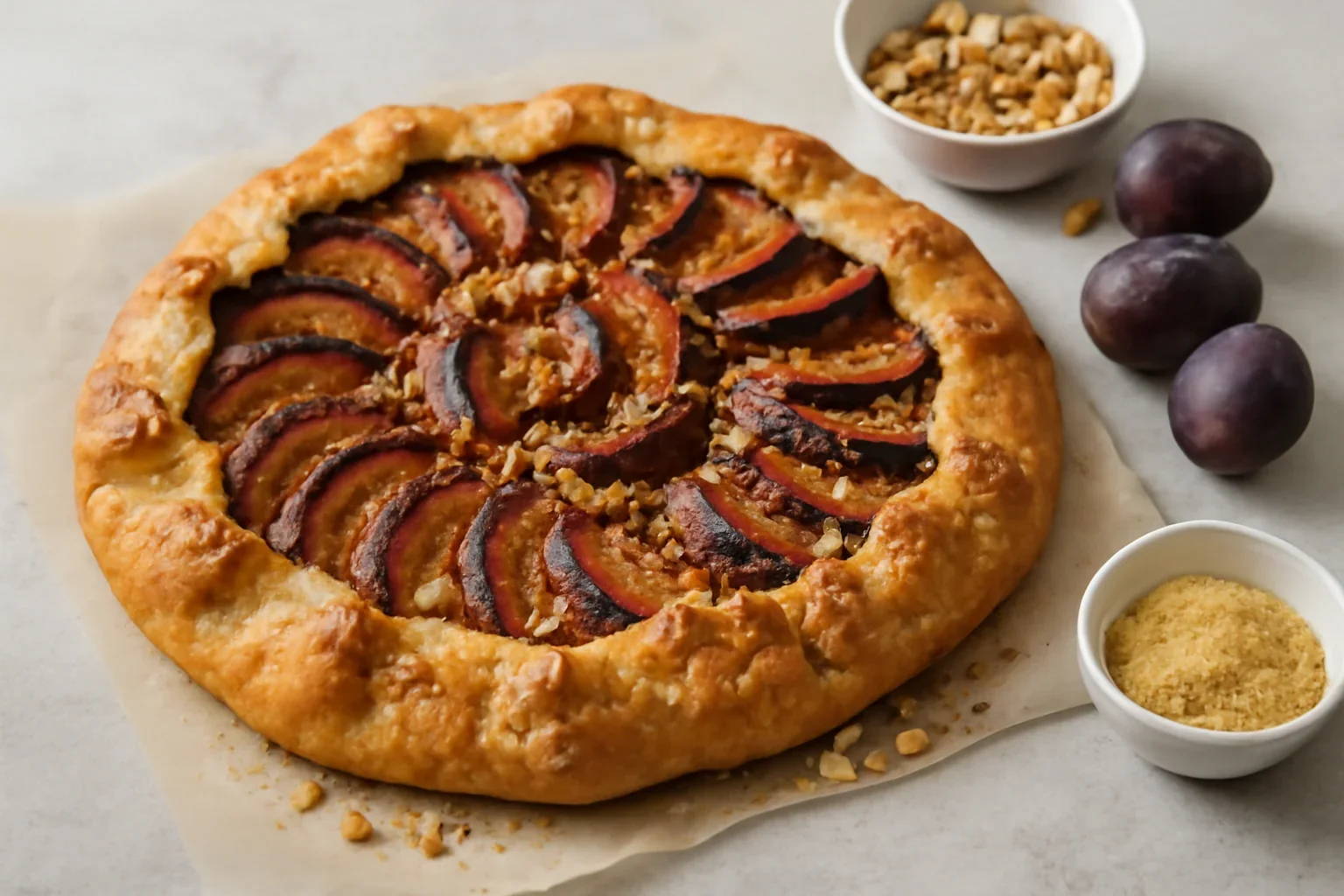 Galette cu prune și cremă frangipane de nucă cu unt – rețeta de tartă franțuzească rustică