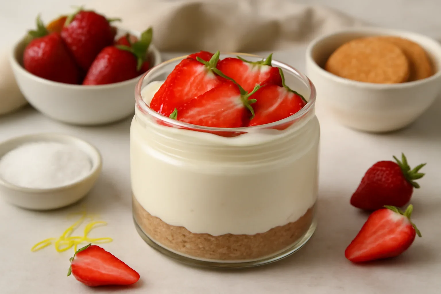 Cheesecake fără coacere cu căpșuni – desert dietetic rapid la pahar sau la borcan