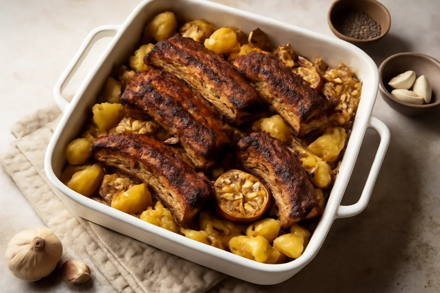 Coaste la cuptor cu cartofi, usturoi și ceapă caramelizată