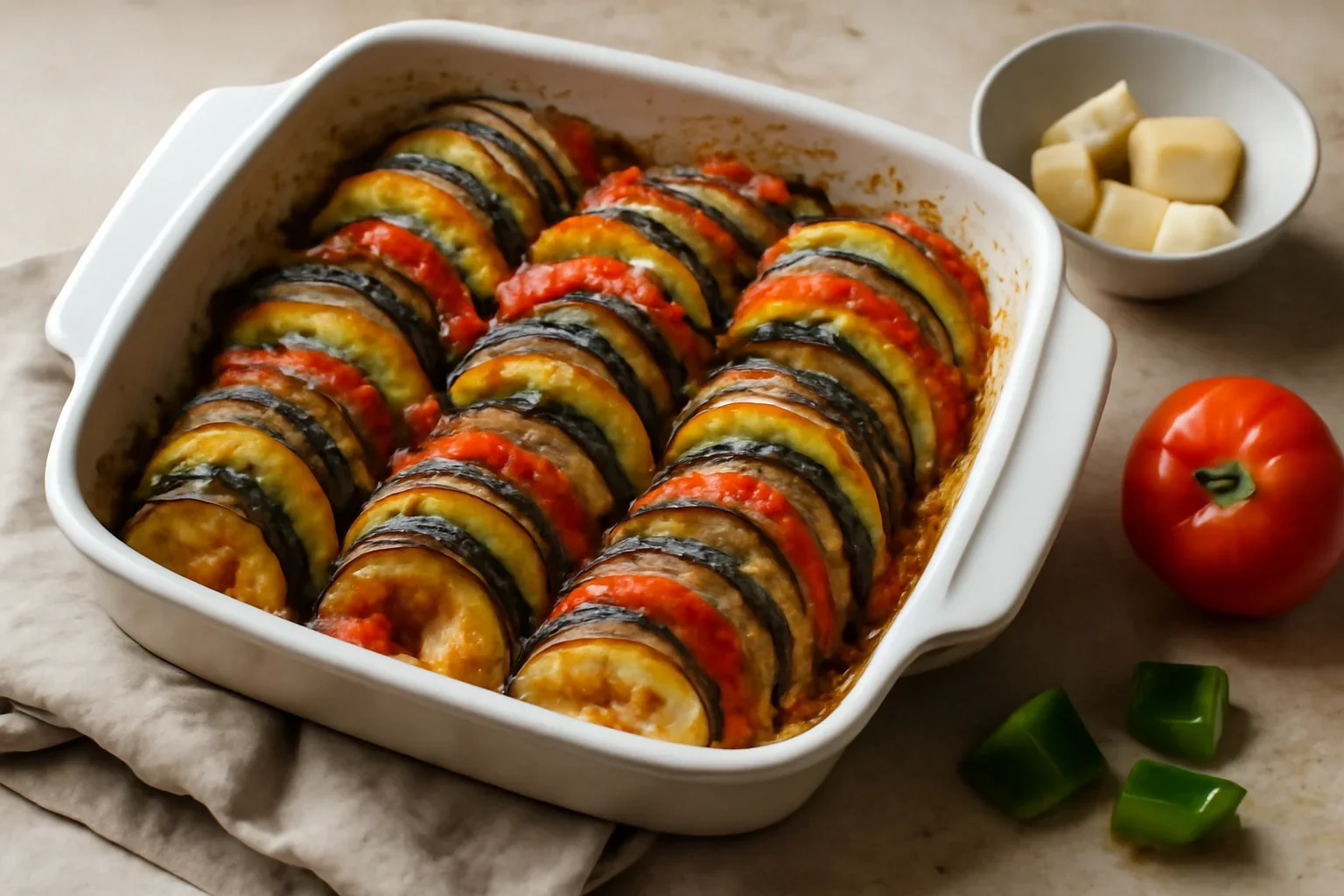 Ratatouille, ghiveci la tava cu vinete, ardei, rosii, dovlecei