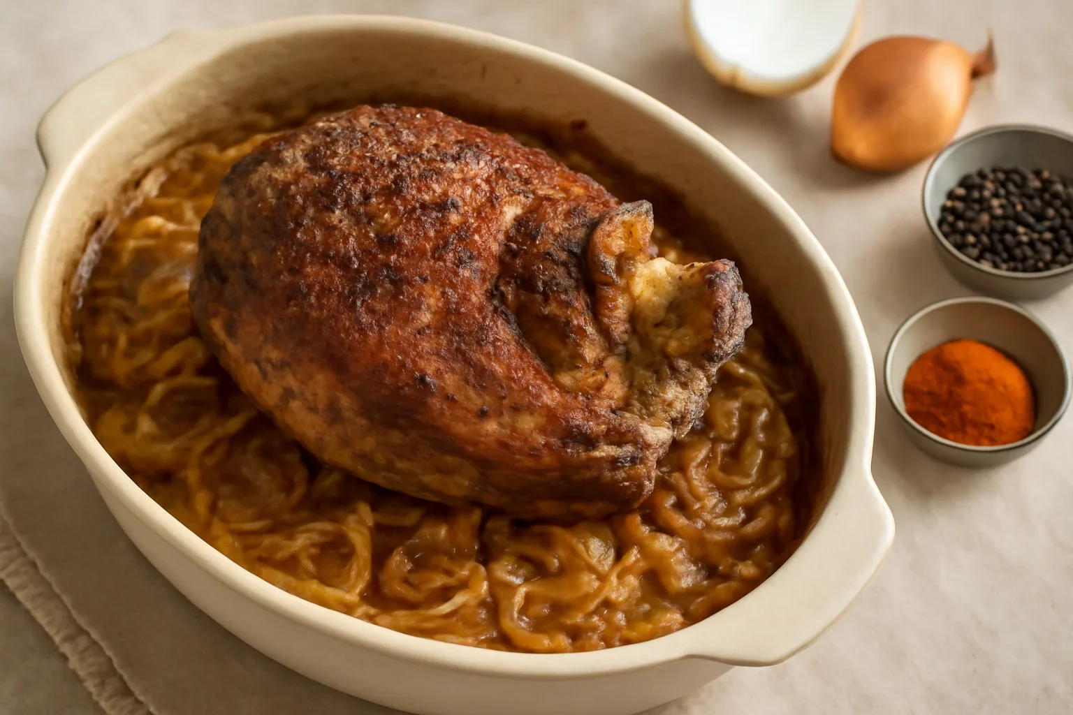Pulpa de porc la cuptor pe pat de ceapa caramelizata – friptura frageda de porc