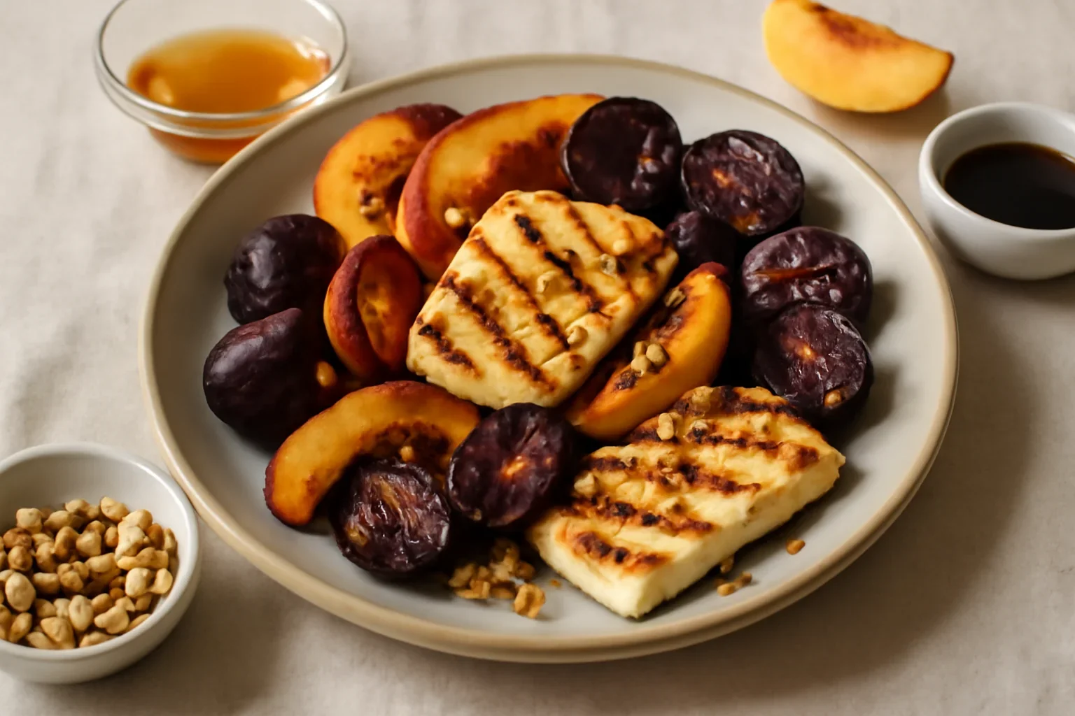 Branza halloumi prajita la gratar cu fructe si mix de nuci