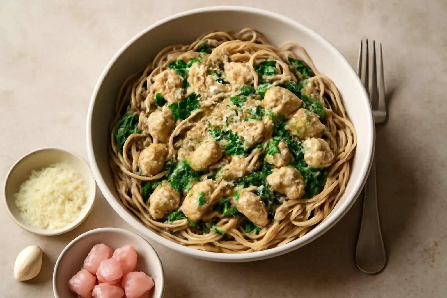 Spaghete cu carne de curcan, anghinare și spanac