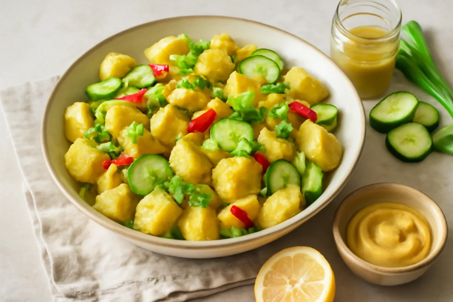 Salata de cartofi de post cu dressing fin si acrisor de mustar