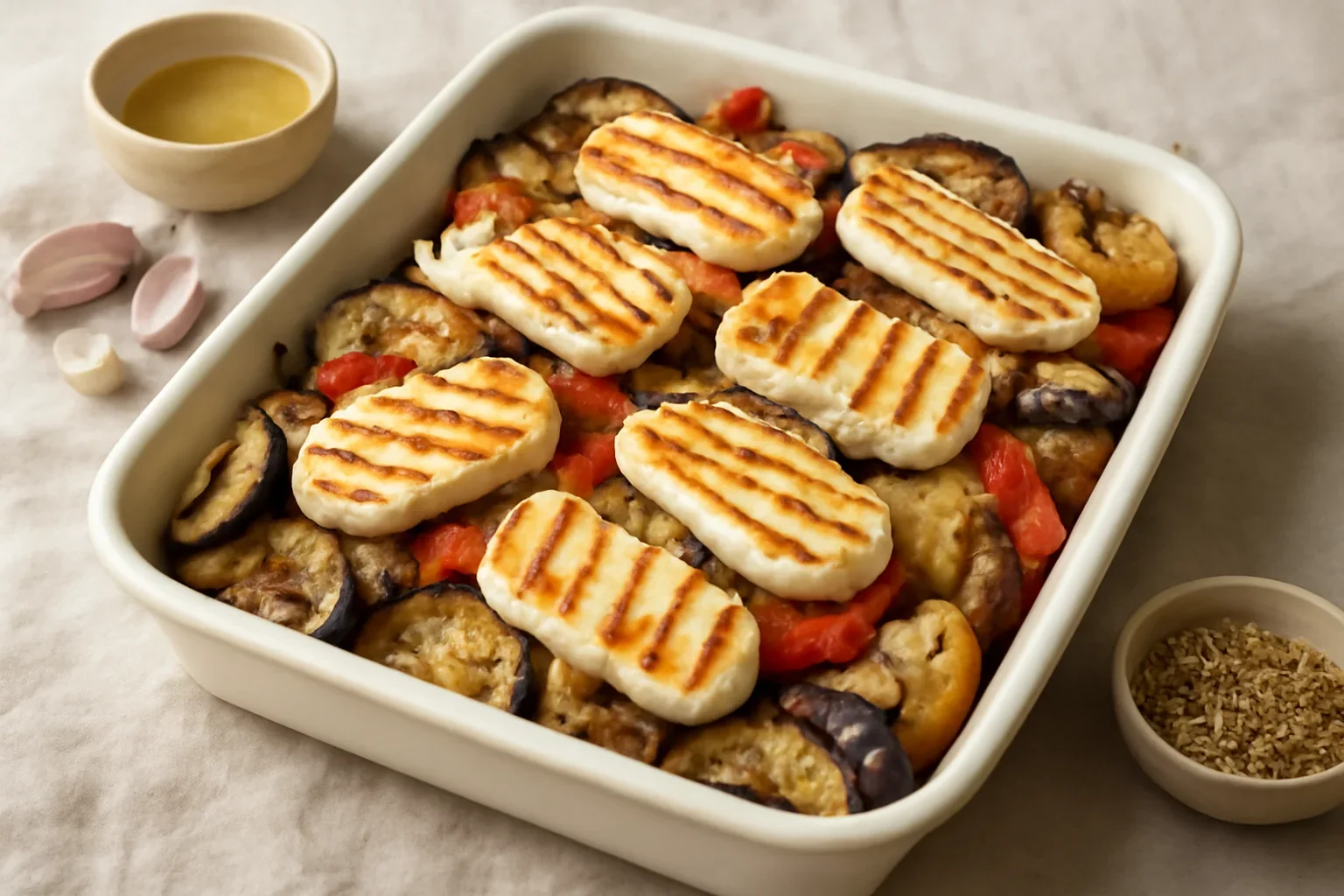 Legume la cuptor cu halloumi la gratar