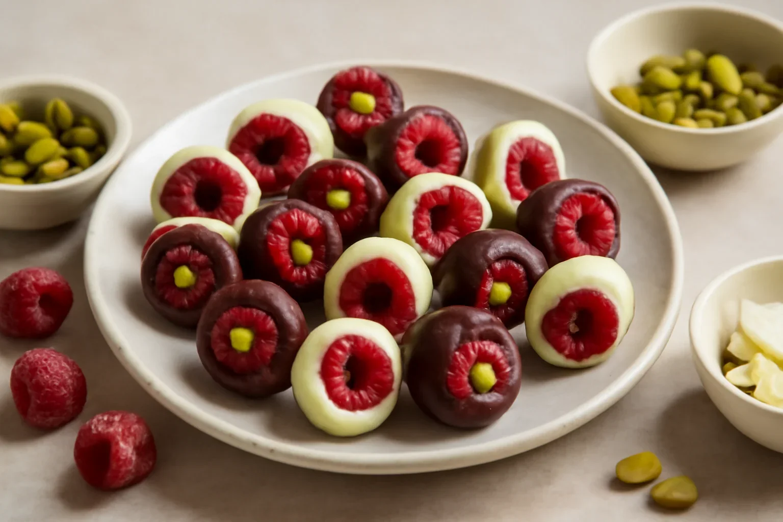 Zmeură cu ciocolată albă și neagră, cu miez de fistic – desert simplu și rapid Franui style
