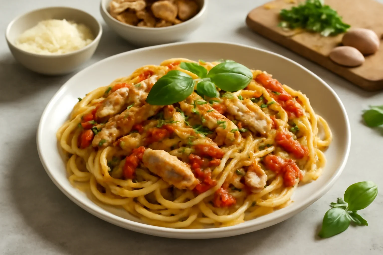 Linguini cu pui si ardei copt