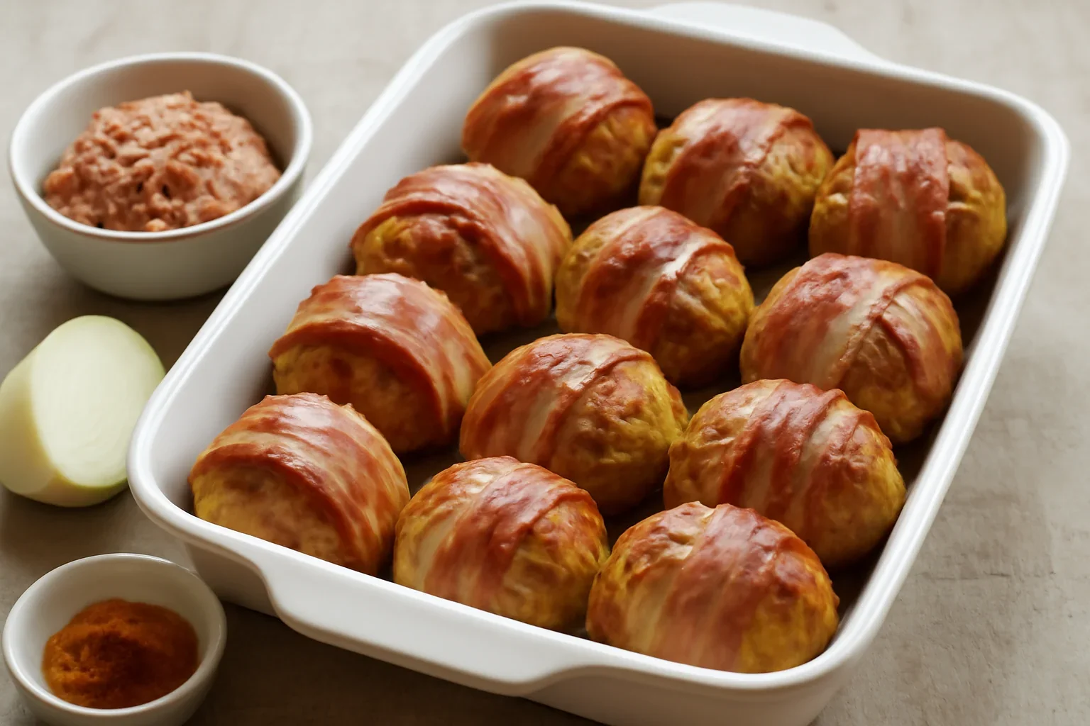 Chiftele in foi de ceapa invelite in bacon la cuptor
