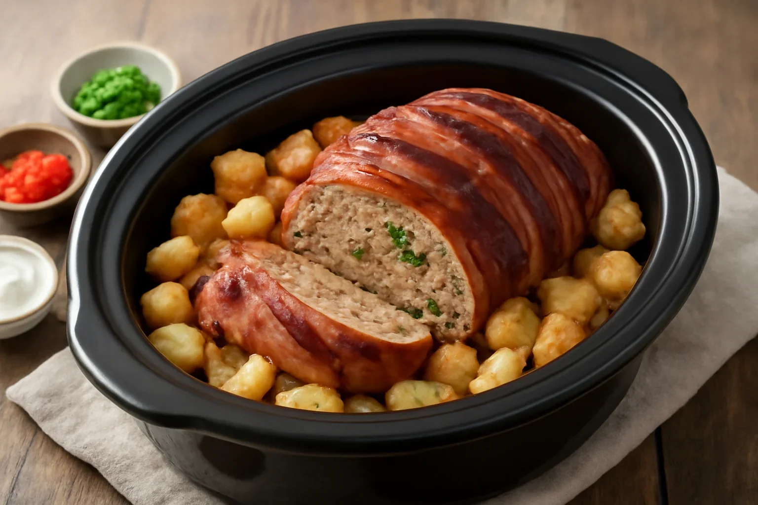 Ruladă de carne tocată în bacon – cu garnitură de cartofi – la slow cooker