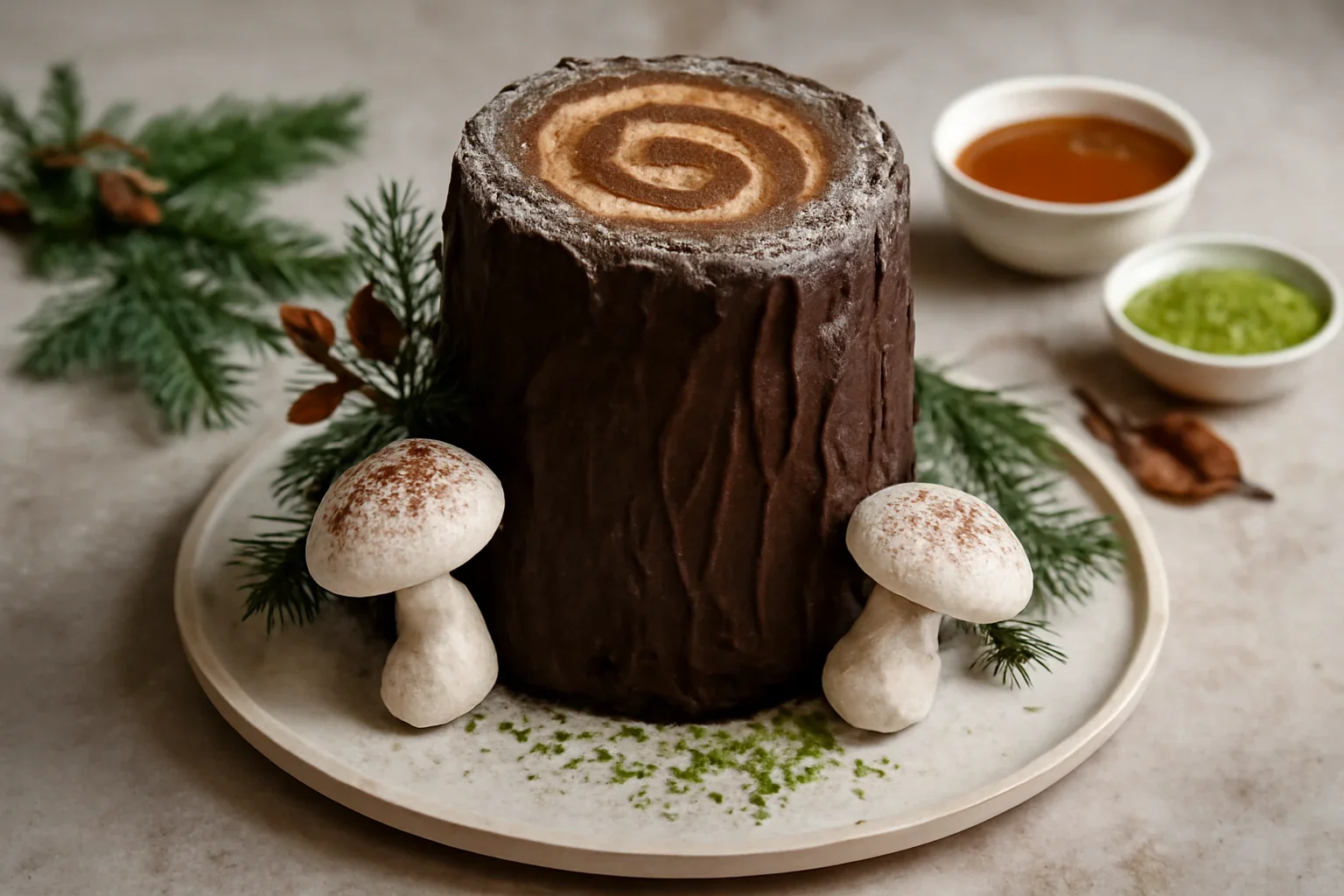 Ruladă buturugă verticală cu ciuperci din bezea – rețeta de tort trunchi de copac sau Buche de Noel