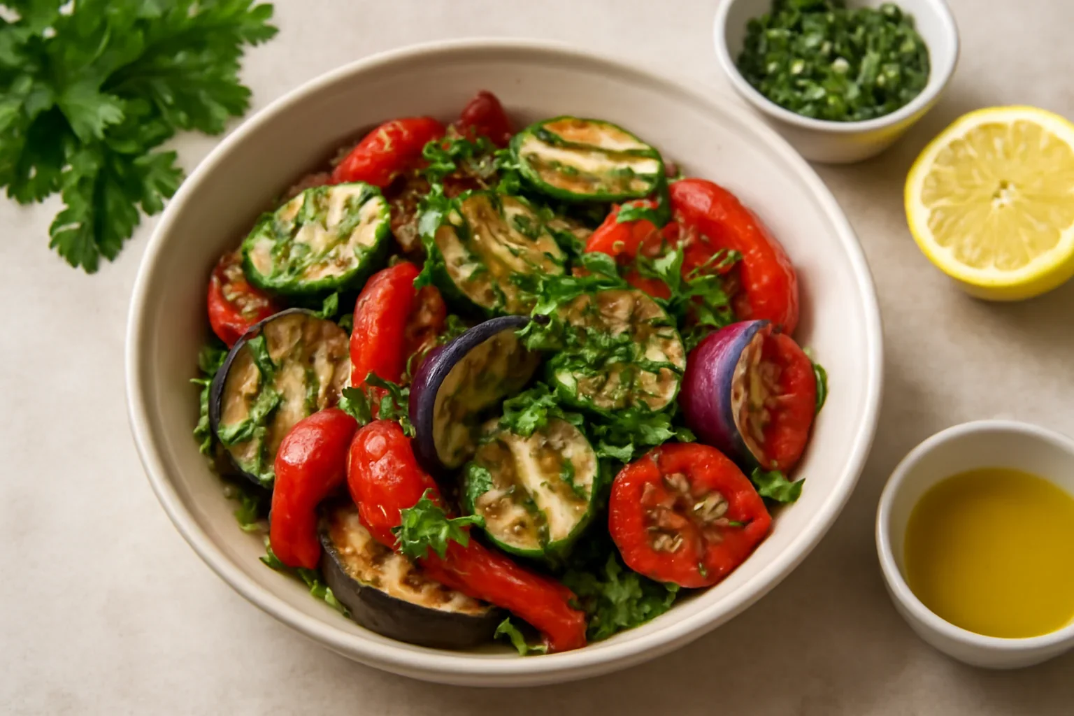 Legume la grătar – asortate, cu un dressing mediteranean, rețetă detaliată