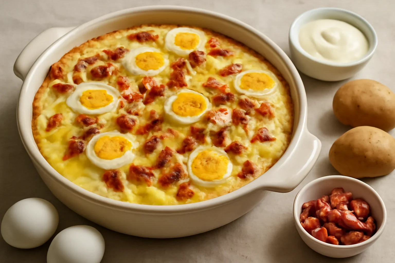 Cartofi cu bacon, ouă fierte și smântână la cuptor – cartofi gratinați
