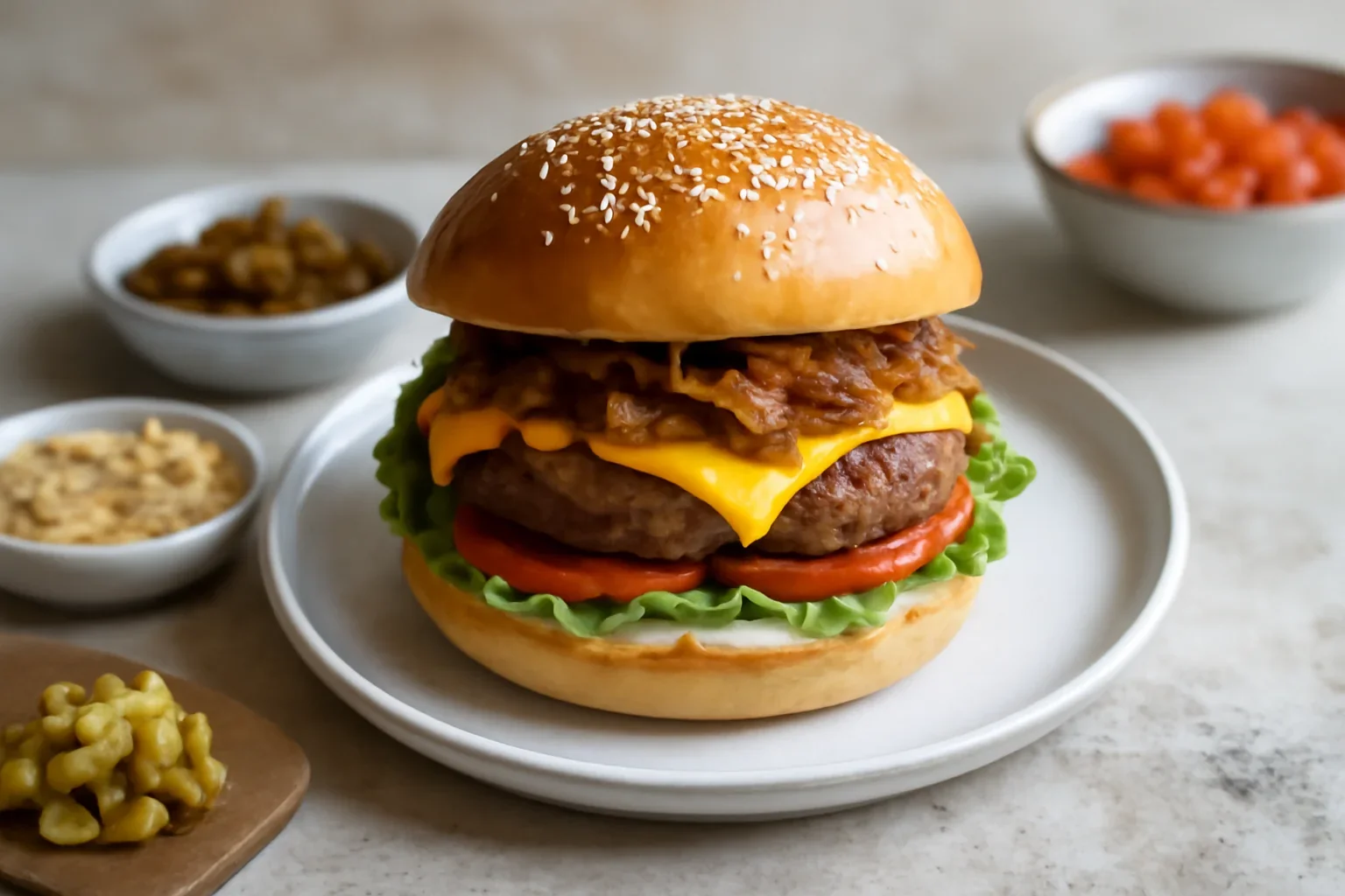 Cheeseburger cu ceapa caramelizata