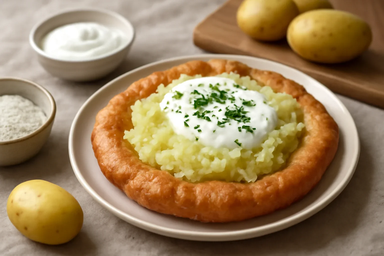 Langos unguresc cu cartofi, mujdei si smantana