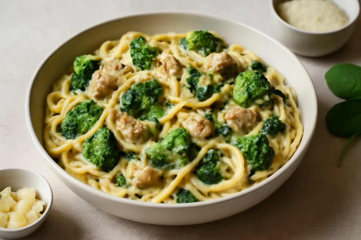Spaghetti cu pui, broccoli si sos alb