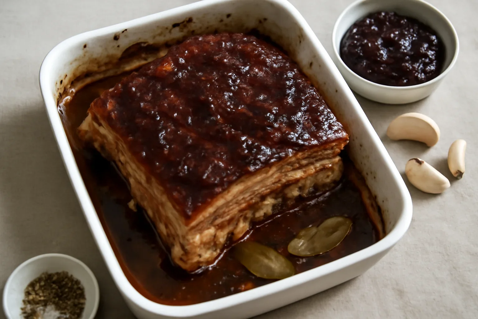 Piept de porc cu sos de prune, la cuptor