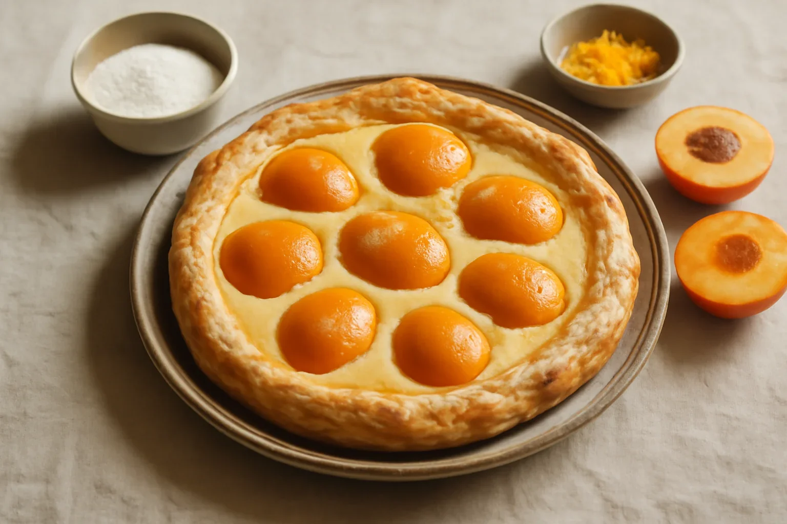 Coronita din aluat foietaj, crema de vanilie si piersici