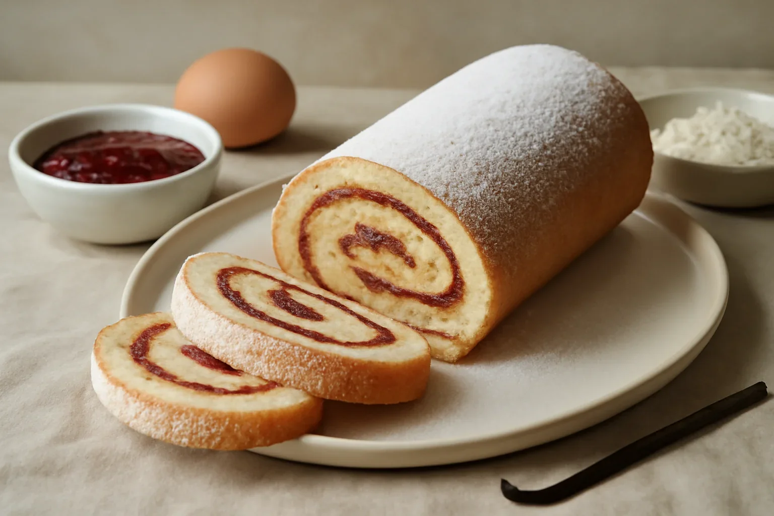 Ruladă cu cremă de vanilie și gem de zmeură