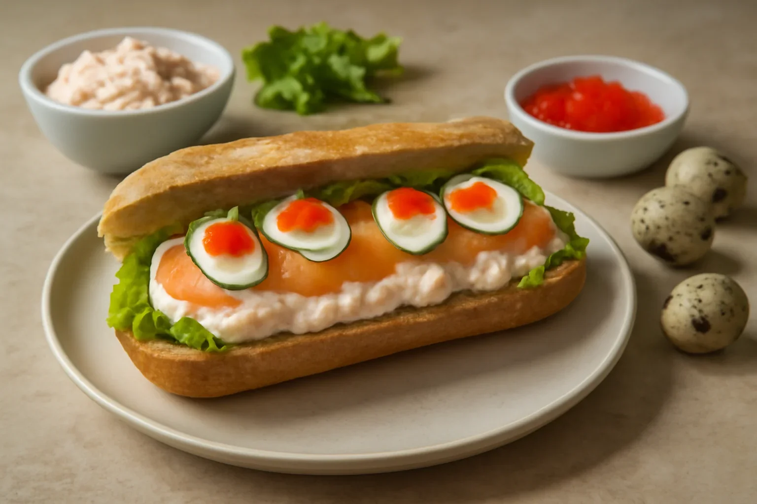 Franzelă aperitiv cu umplutură de cremă de brânză cu somon afumat și ouă de prepeliță