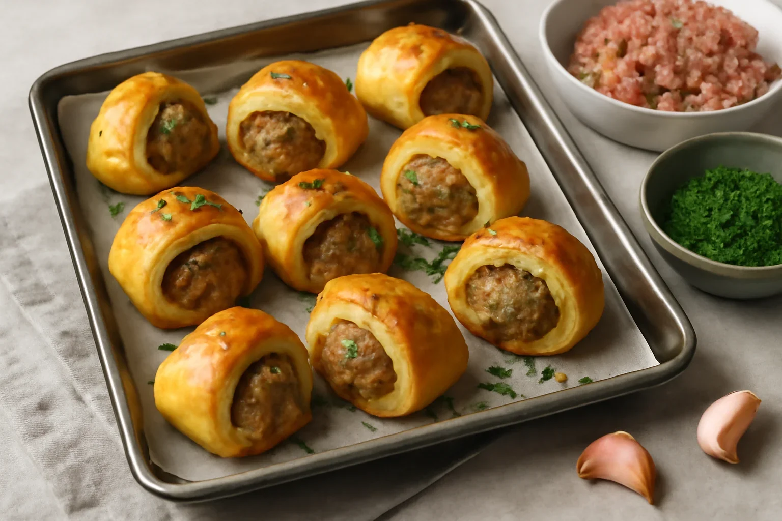 Chiftelute moi si pufoase in foietaj, la cuptor