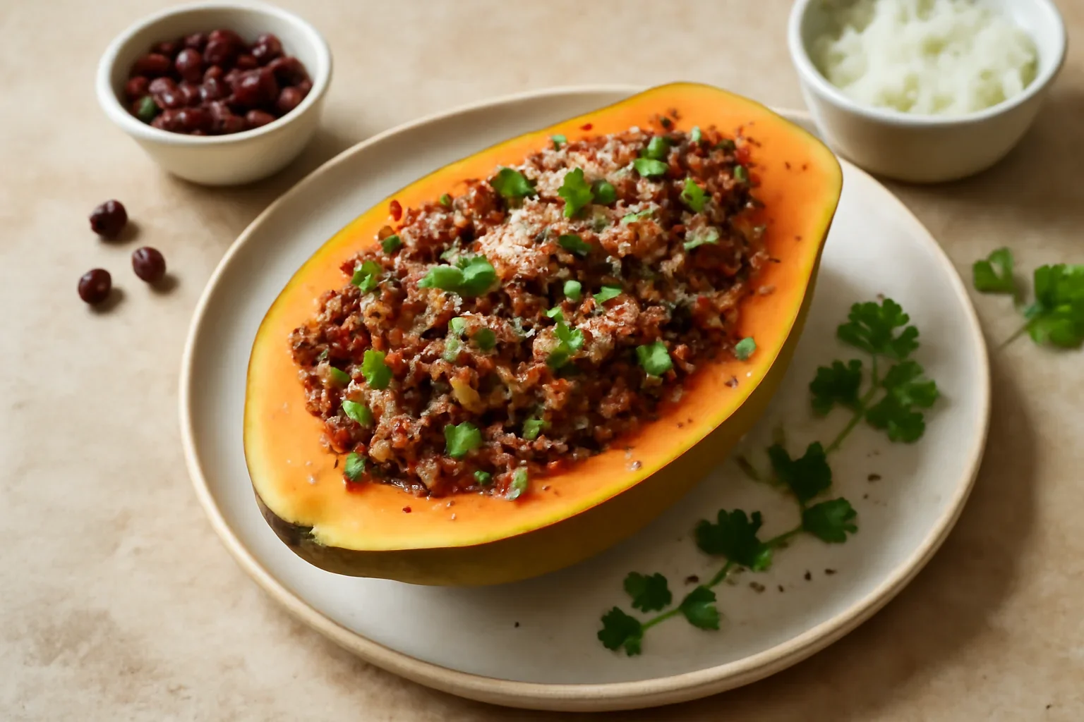 Papaya umpluta cu ragoût exotic din carne de vita