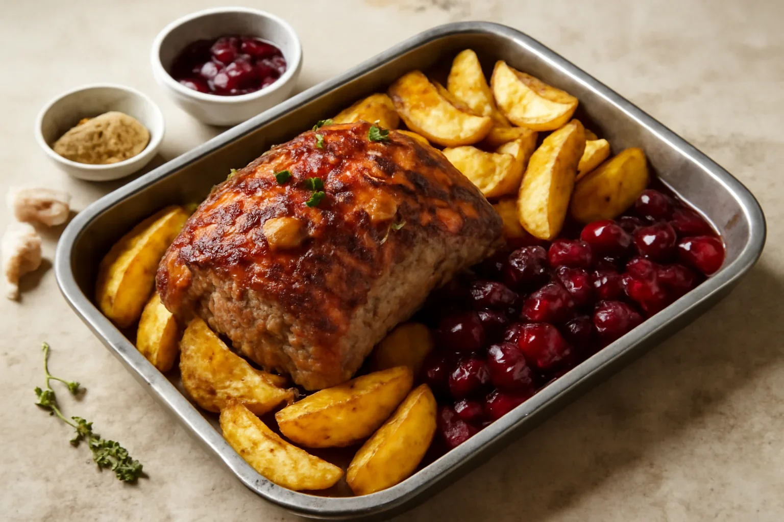 Friptură de porc la tavă cu sos de vișine